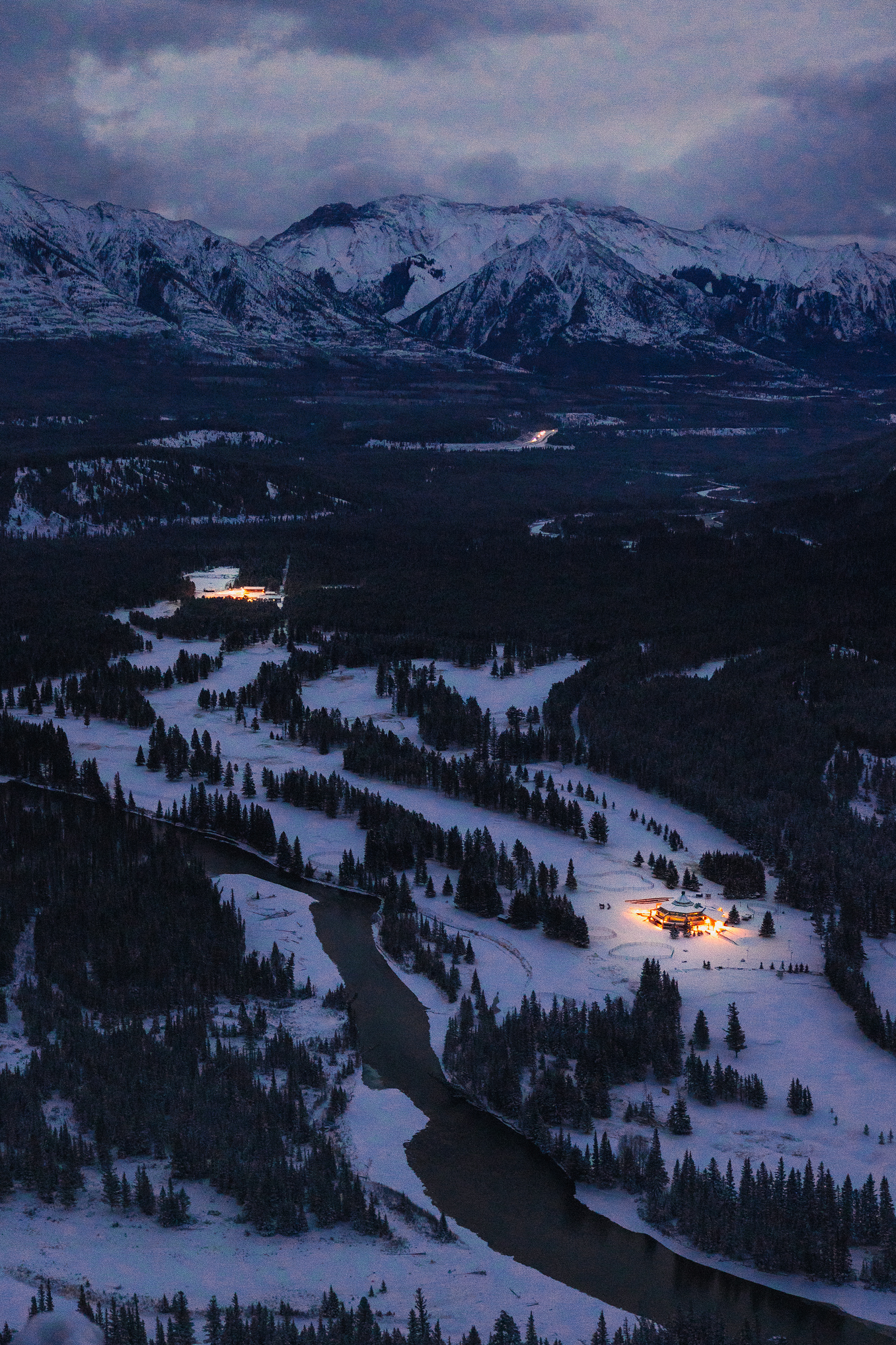 The Bow Valley viewpoint from the top of Tunnel Mountain. The various lodges light the valley floor adding a bit of warmth to a very cold scene.