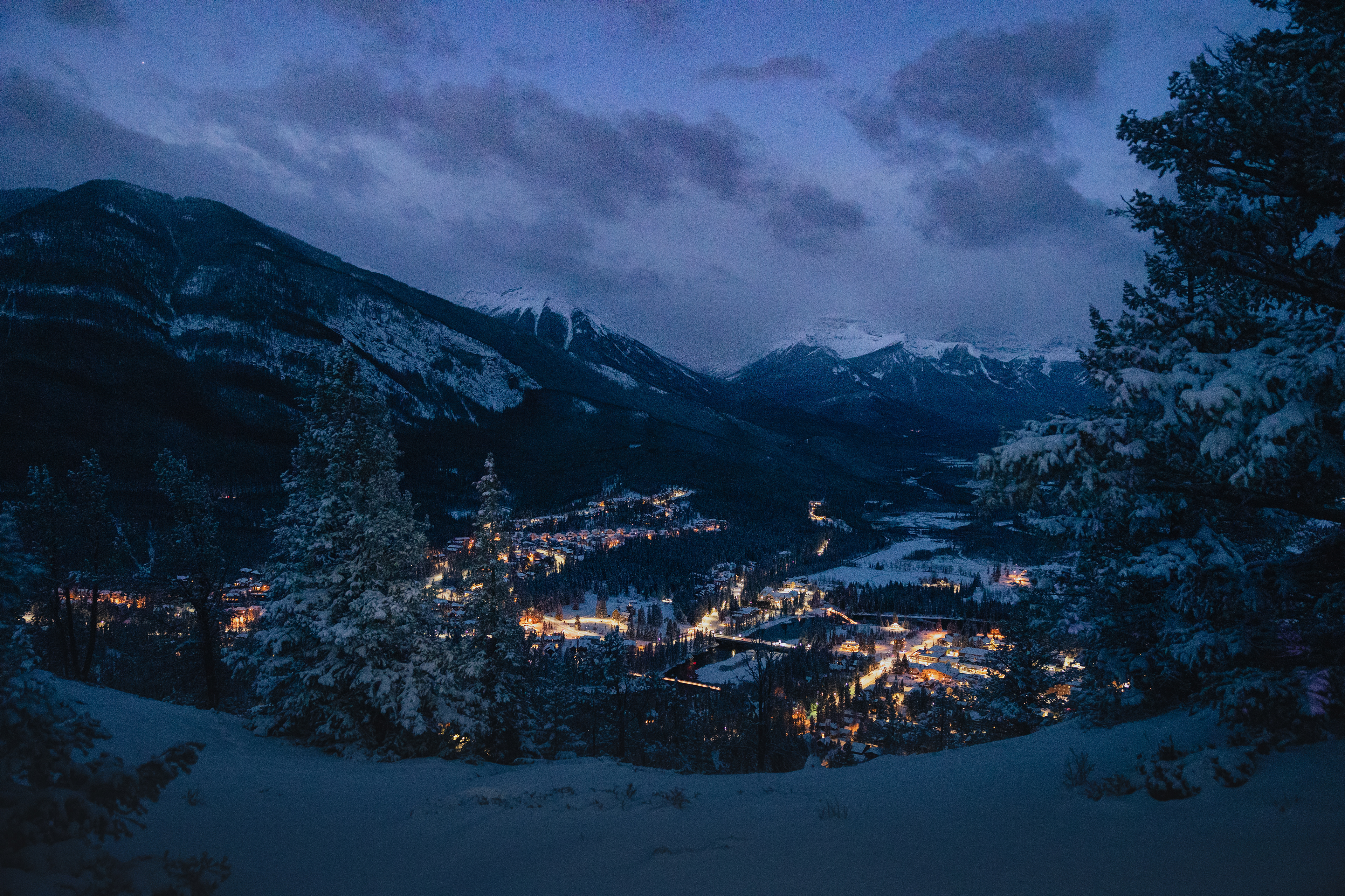 Banff town at dawn from the top of Tunnel Mountain.