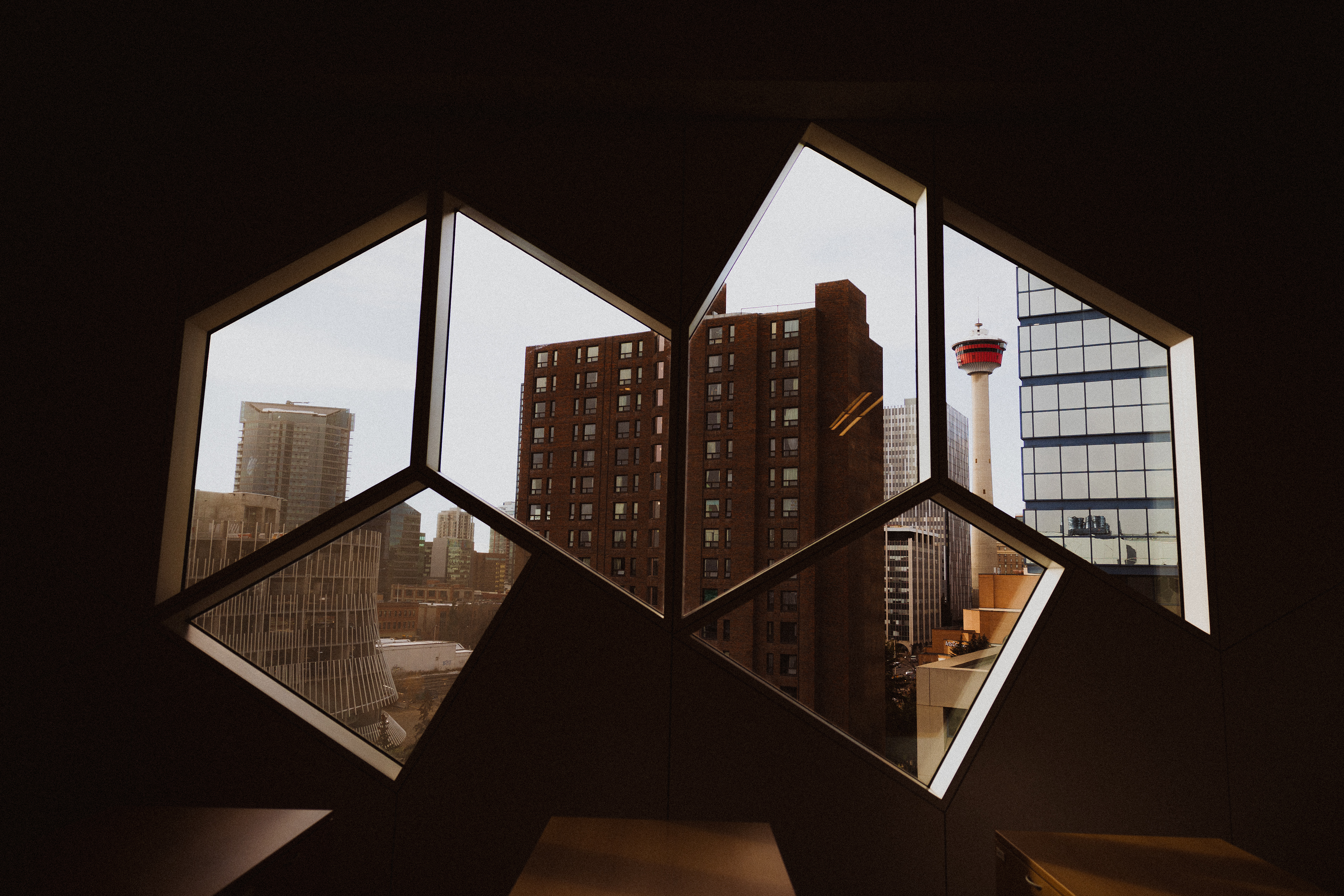 The view out of the second floor window in the Calgary Public Library. Looking towards the Calgary tower.