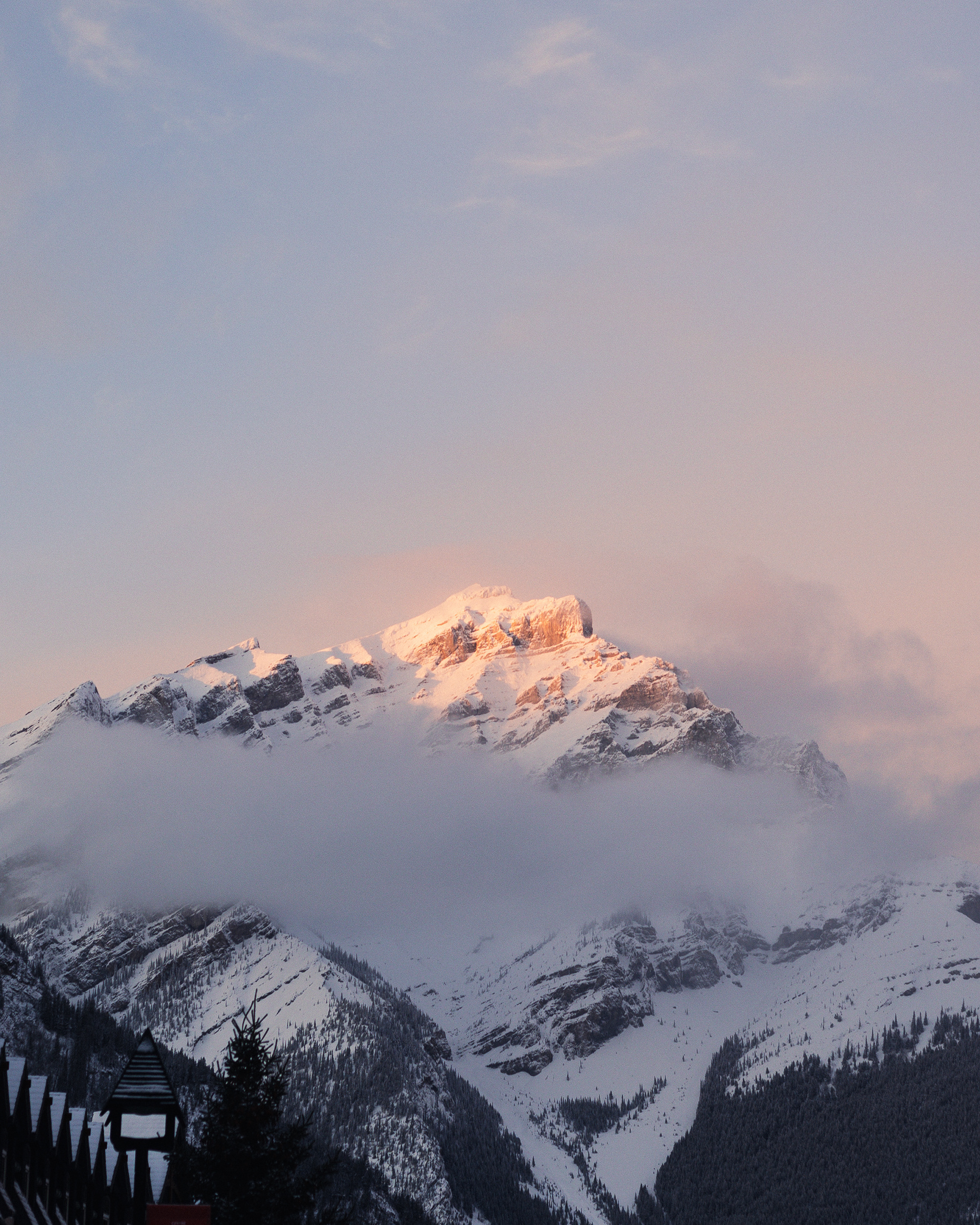 Cascade Mountain at golden hour, looking up from the Banff Highstreet.