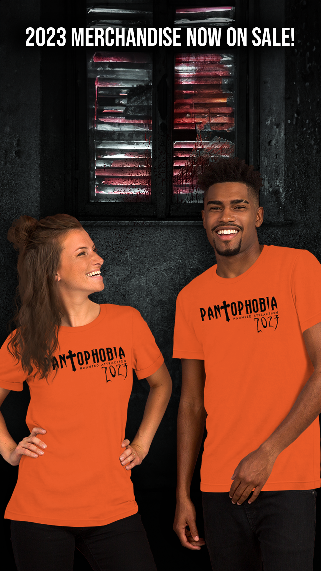 An Instagram story graphic promoting the 2023 merchandise for Pantophobia Haunted Attraction.