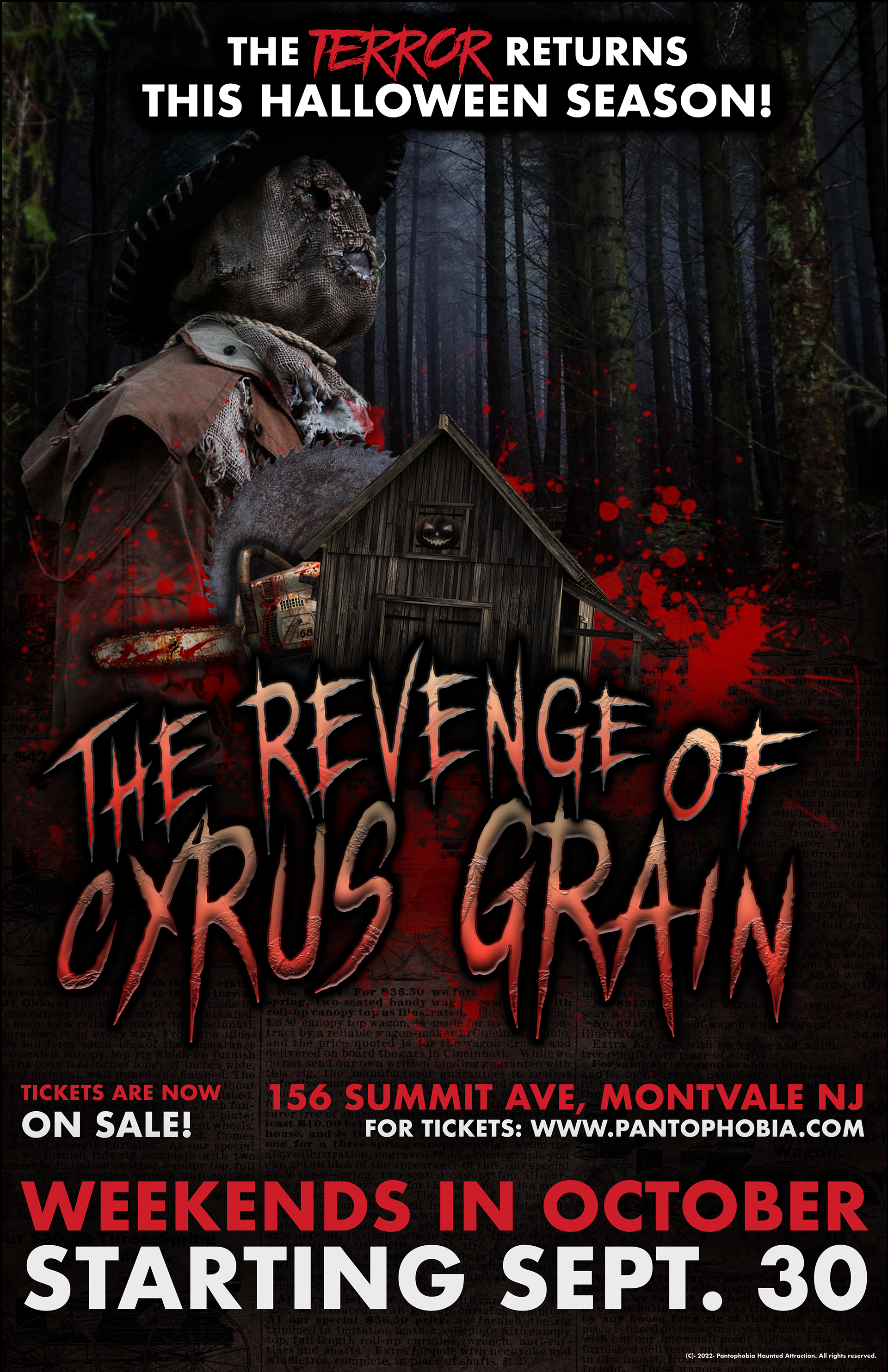 The 2022 "Revenge of Cyrus Grain" poster for Pantophobia Haunted Attraction. 