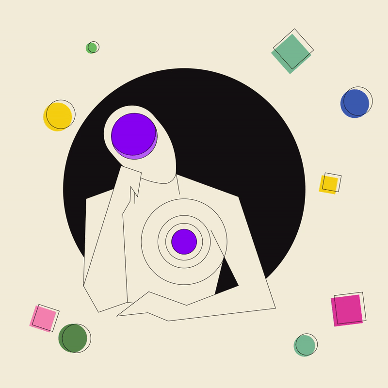 Minimal artistic portrait of individual with purple circle where the brain is, head rests on one arm and circled by geometric shapes which move a little.