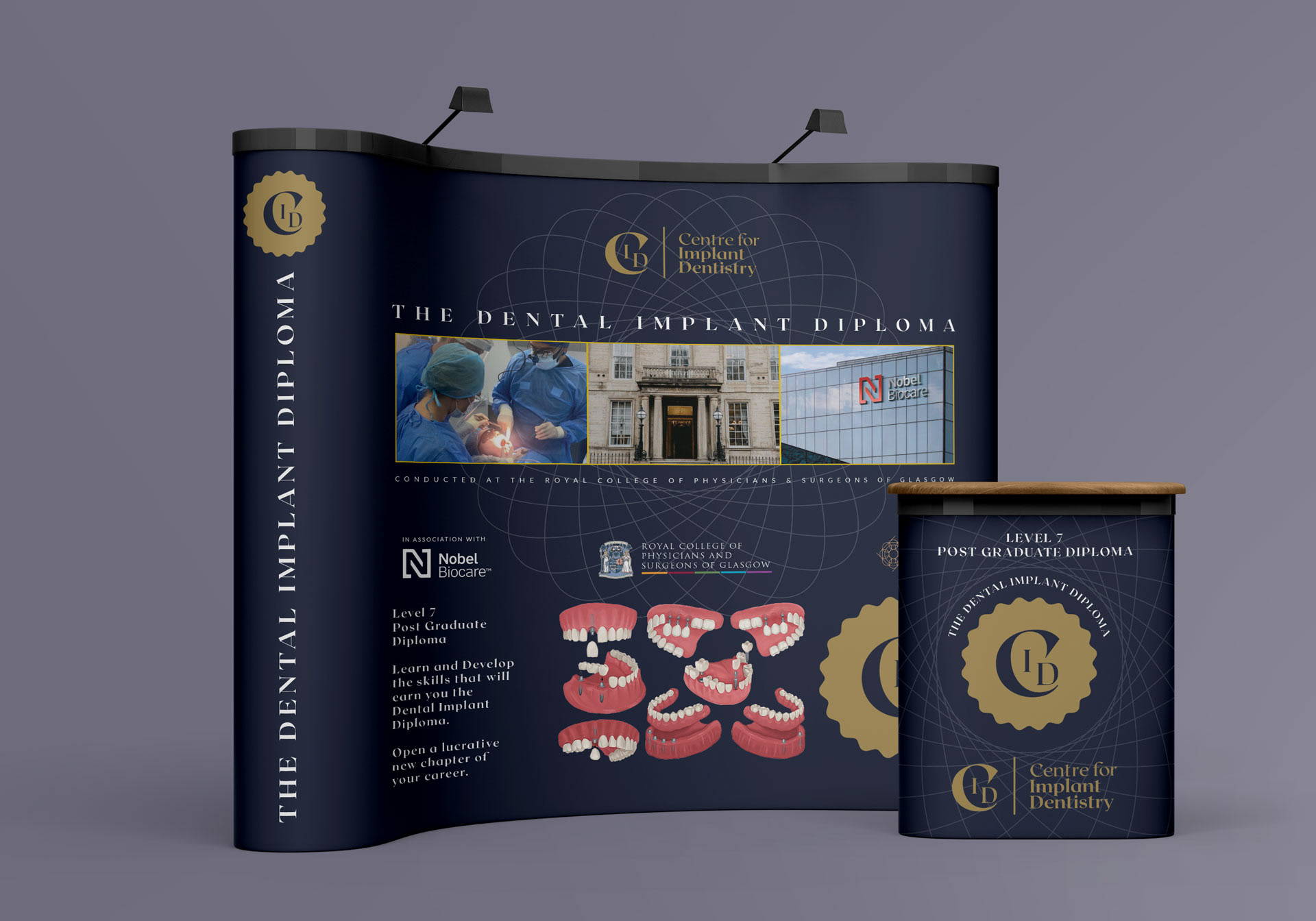 Pop-up display design flowing from course prospectus design.