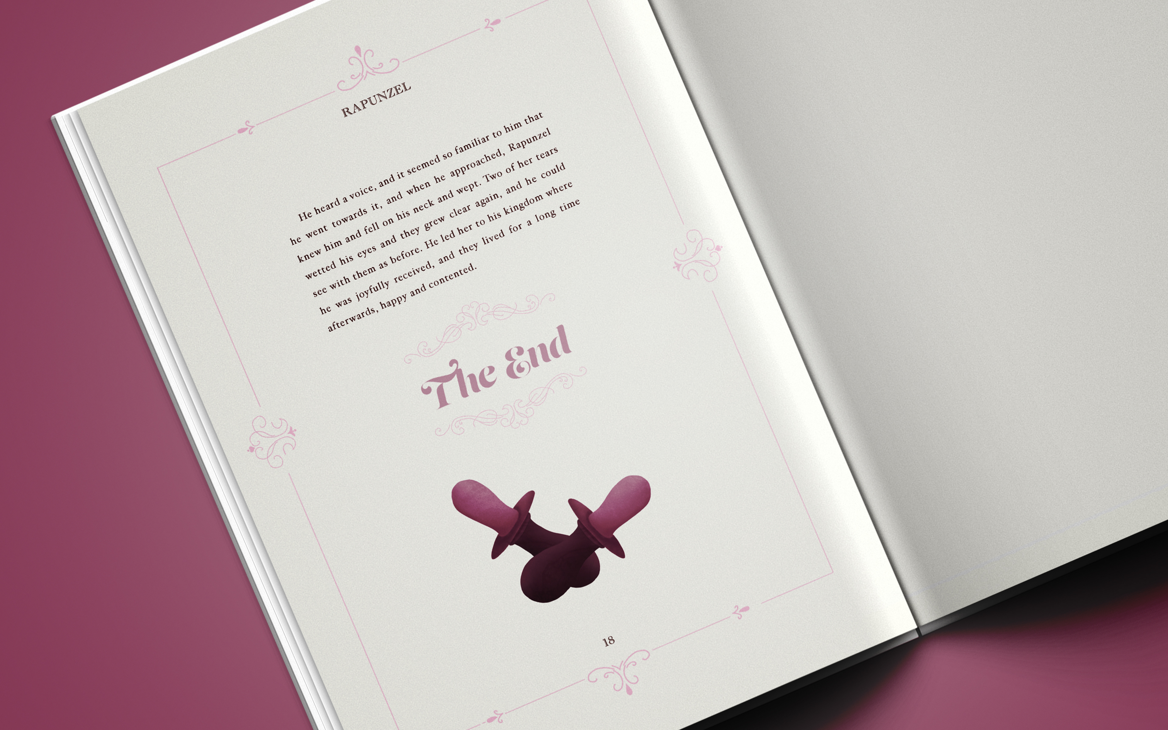 Ending spread. Spot illustration of two pacifiers.