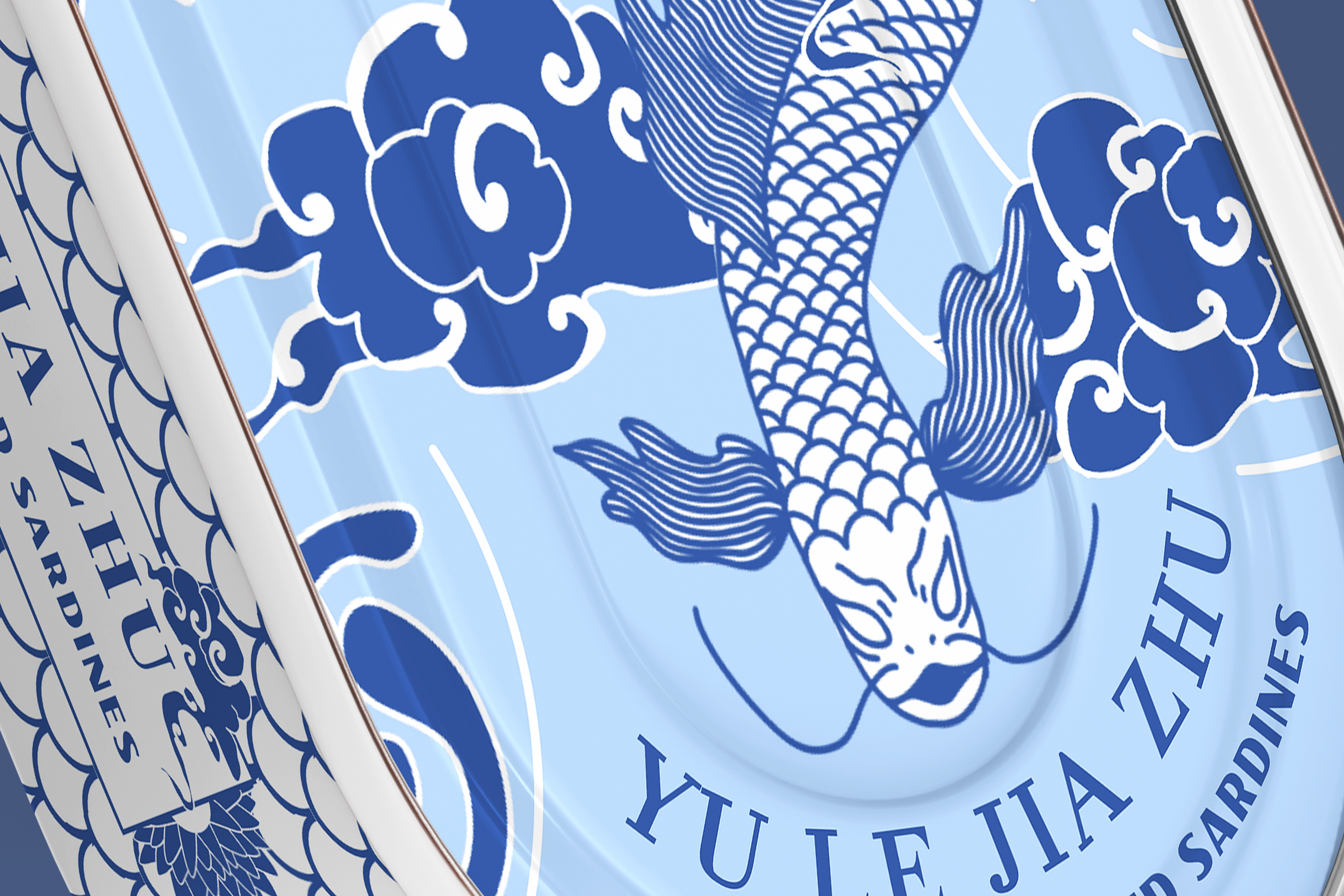 Close up of illustrated blue and white sardine tin of a dragon fish with clouds, ripples, and flowers.