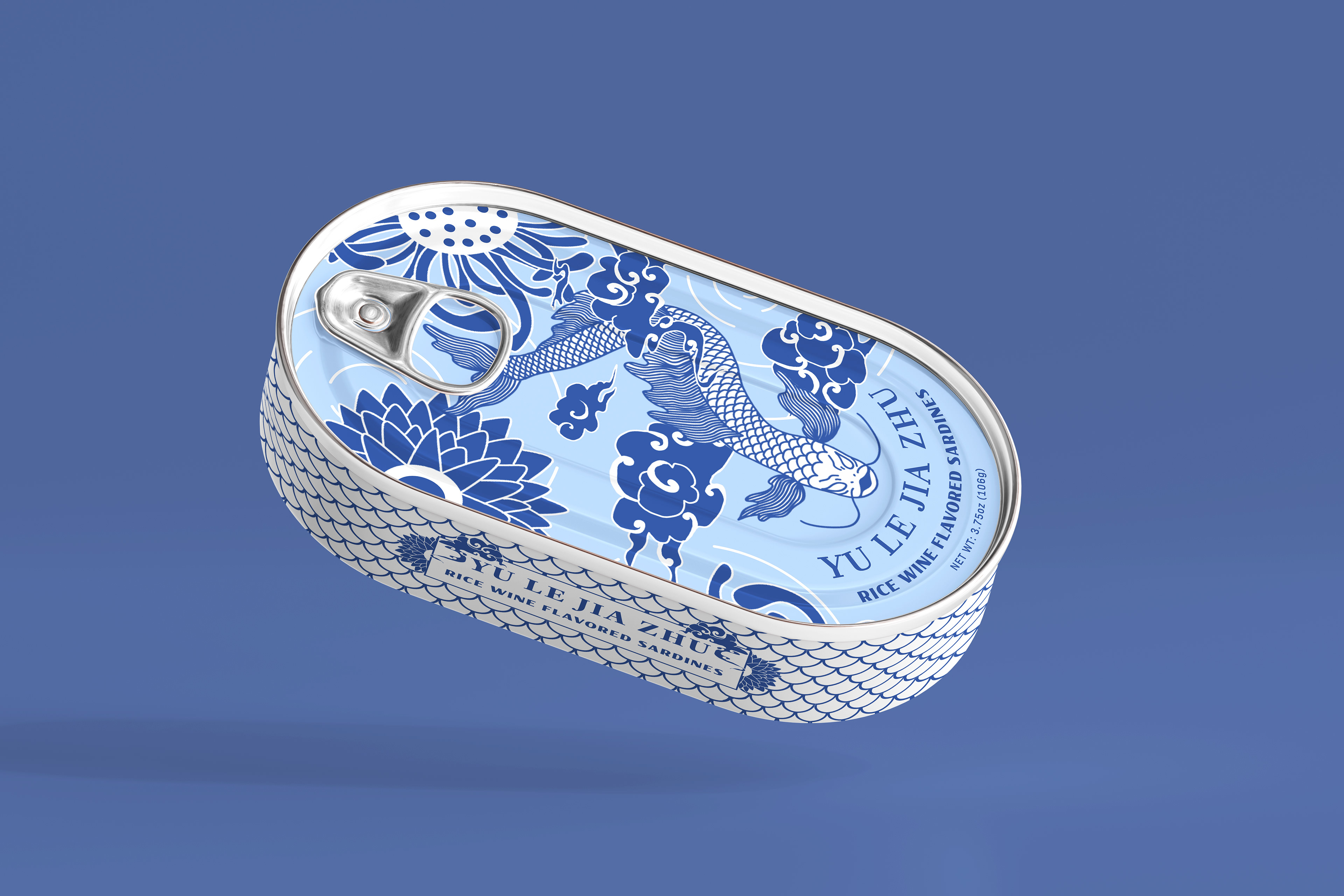 Illustrated blue and white sardine tin of a dragon fish with clouds, ripples, and flowers.