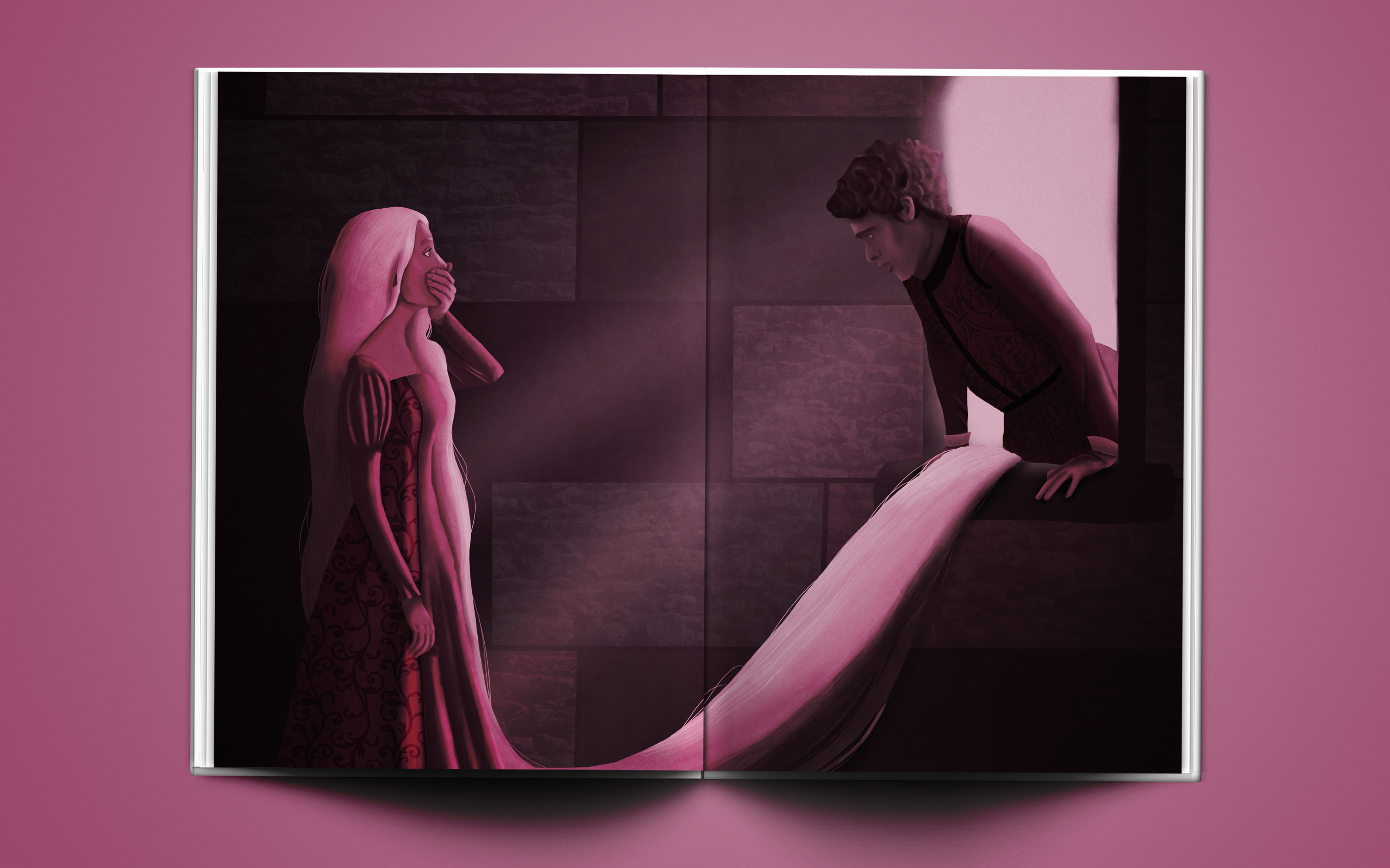 Full illustration spread of Prince comes through Rapunzel's window. Rapunzel is shocked.
