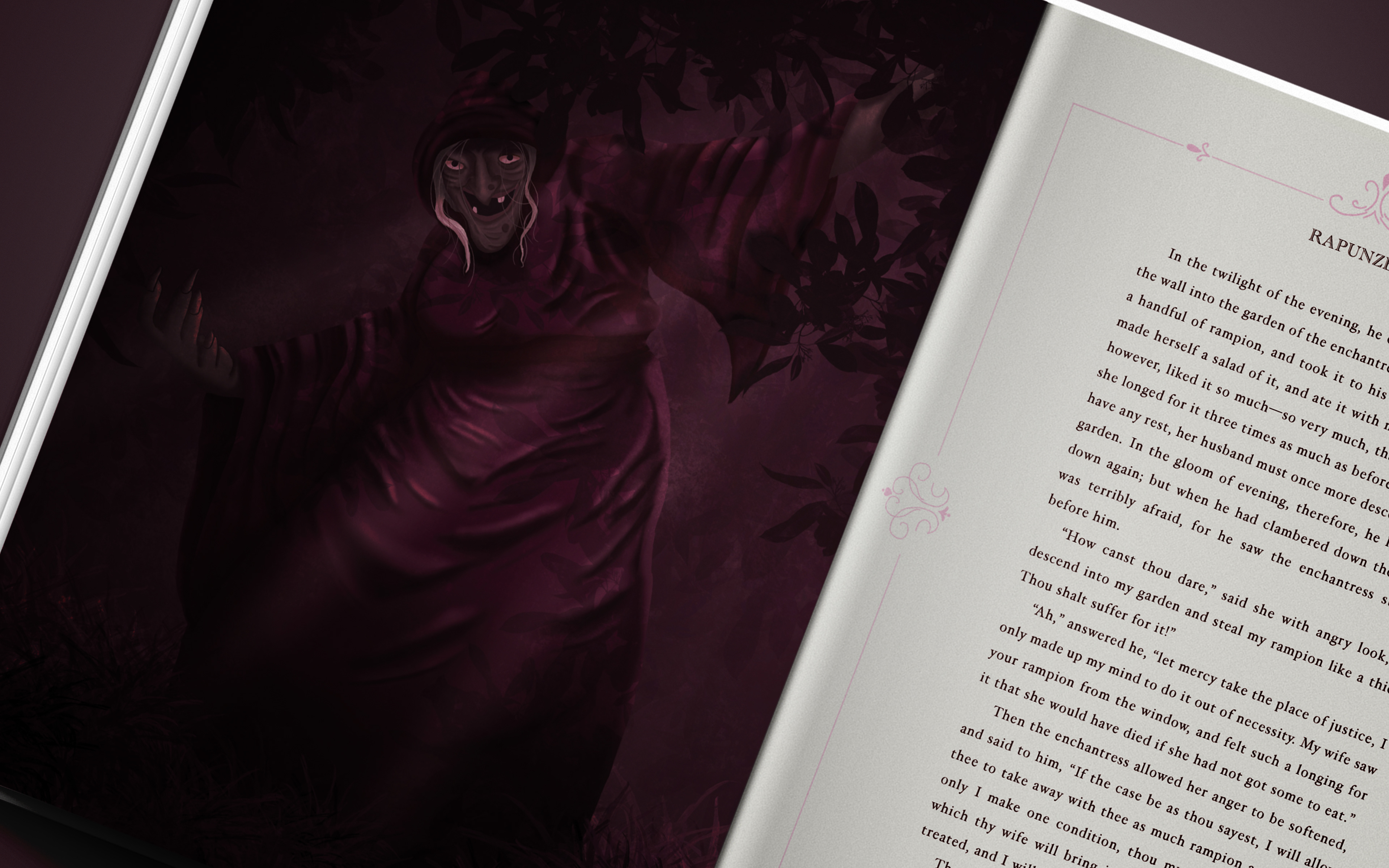 Second spread of Rapunzel. Illustration of the evil enchantress.