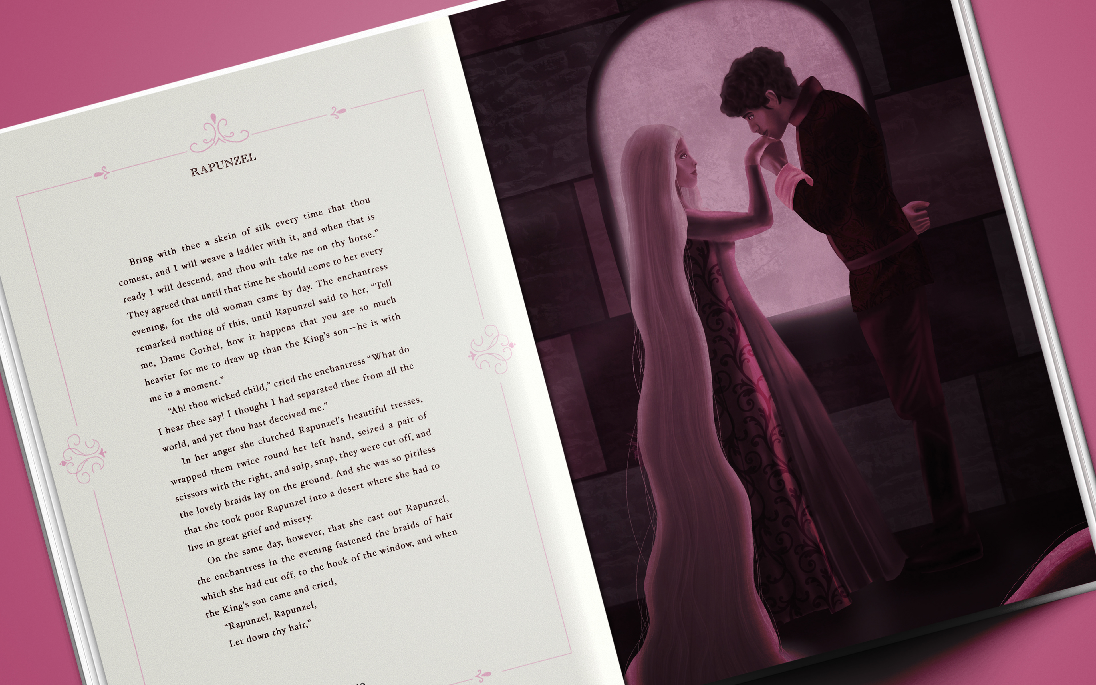SIxth spread. Rapunzel and prince lovingly looking at each other as he kisses her hand.