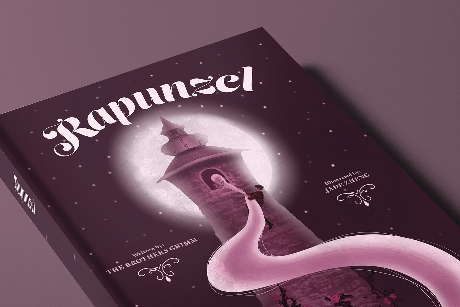 Zoomed in shot of the book, Rapunzel. Shows prince climbing up Rapunzel's hair. Written by the Brothers Grimm. Illustrated by Jade Zheng.