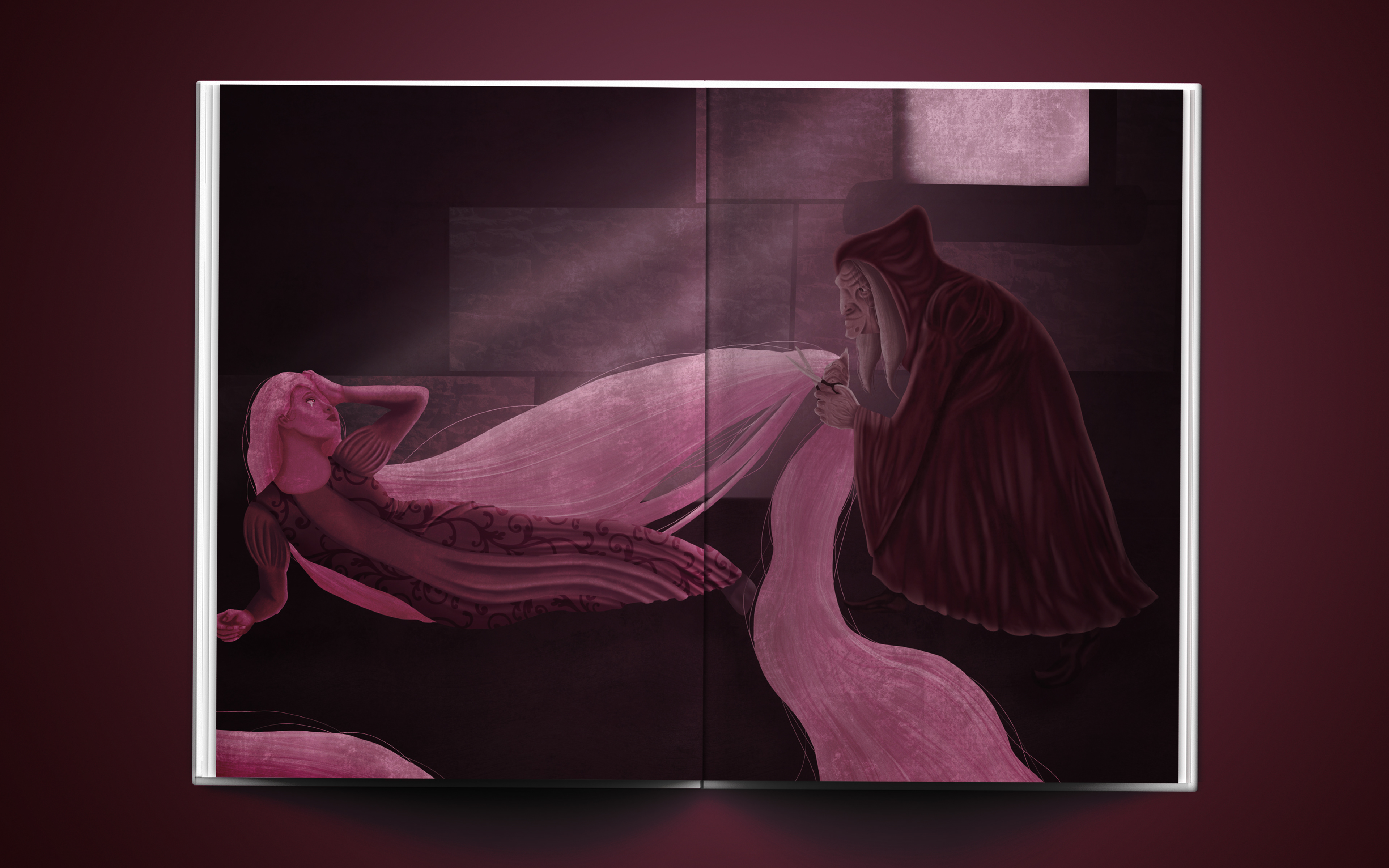 Full illustration spread of enchantress about to cut a fallen Rapunzel's hair.