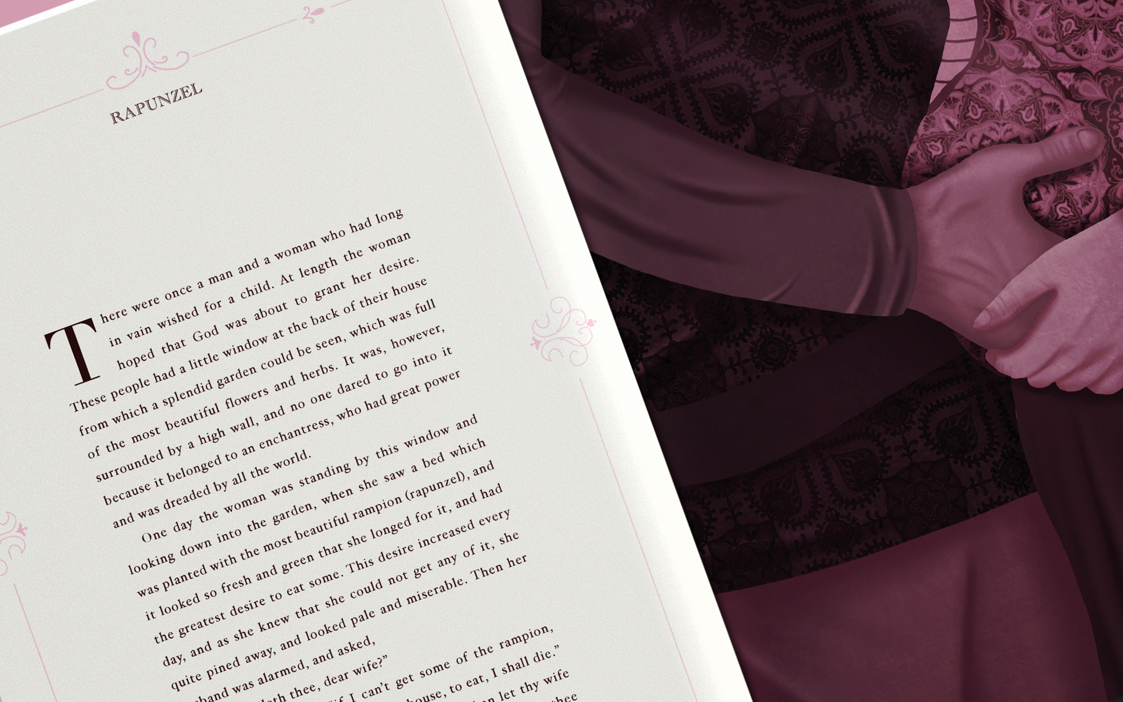 First spread of Rapunzel, Shows text with simple, decorative borders. Illustration of Rapunzel's father holding her mother's pregnant belly and her holding his hand.