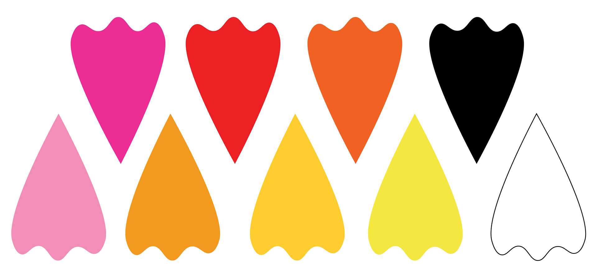 Petals with different colors. Mainly warm tones and black and white.