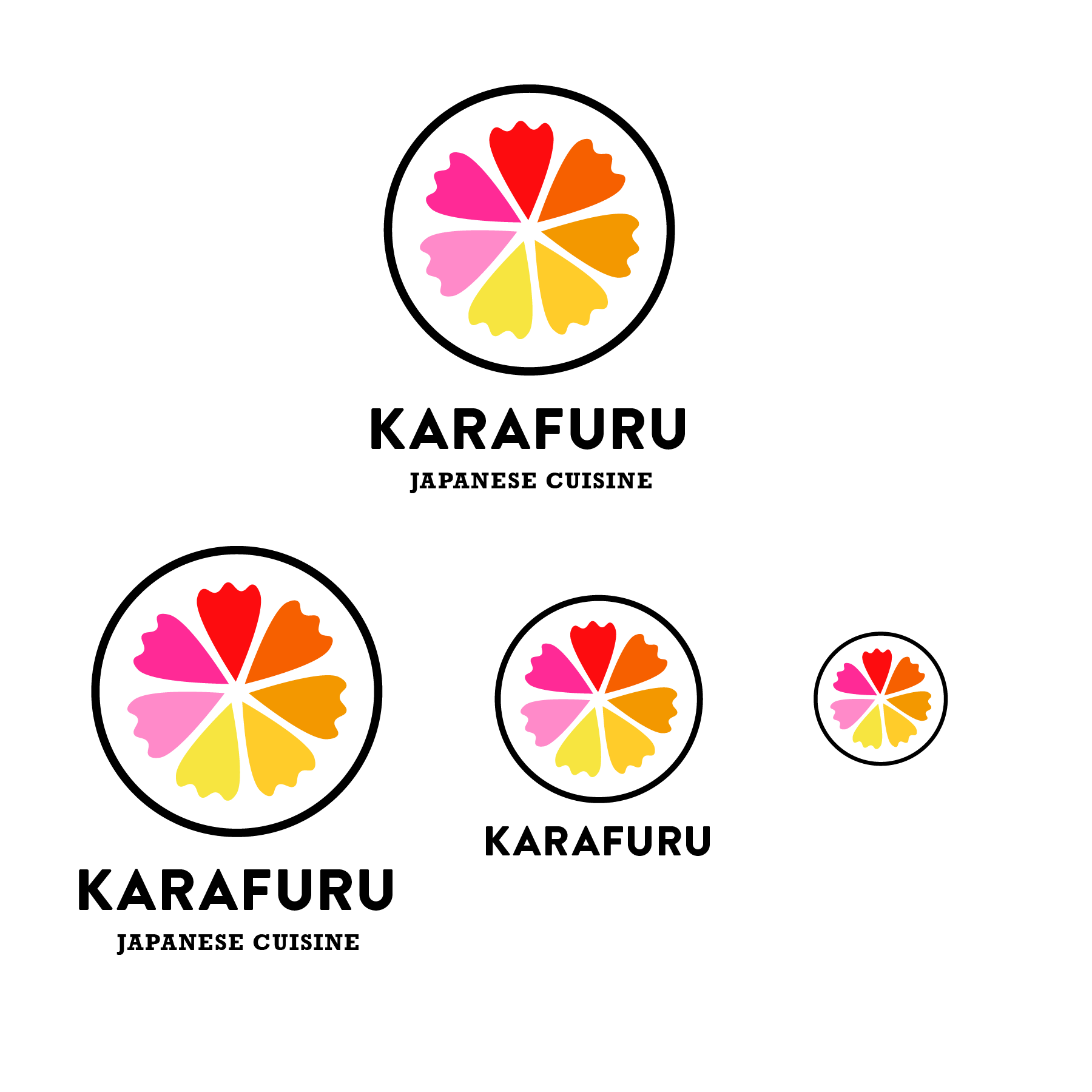 Karafuru's responsive logo. Flower with different petal colors inside a bold black circle.