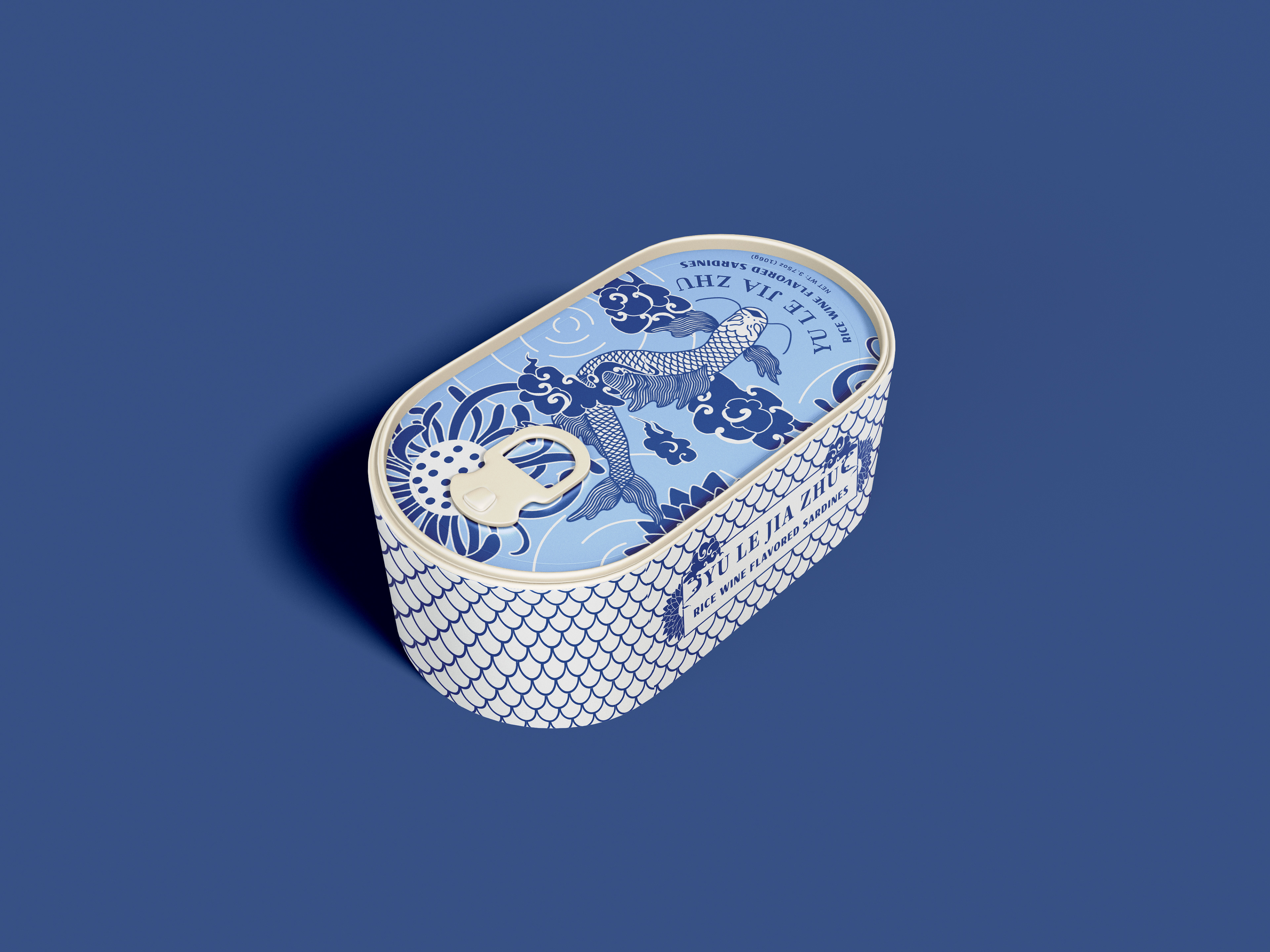 Another different angle of illustrated blue and white sardine tin of a dragon fish with clouds, ripples, and flowers.
