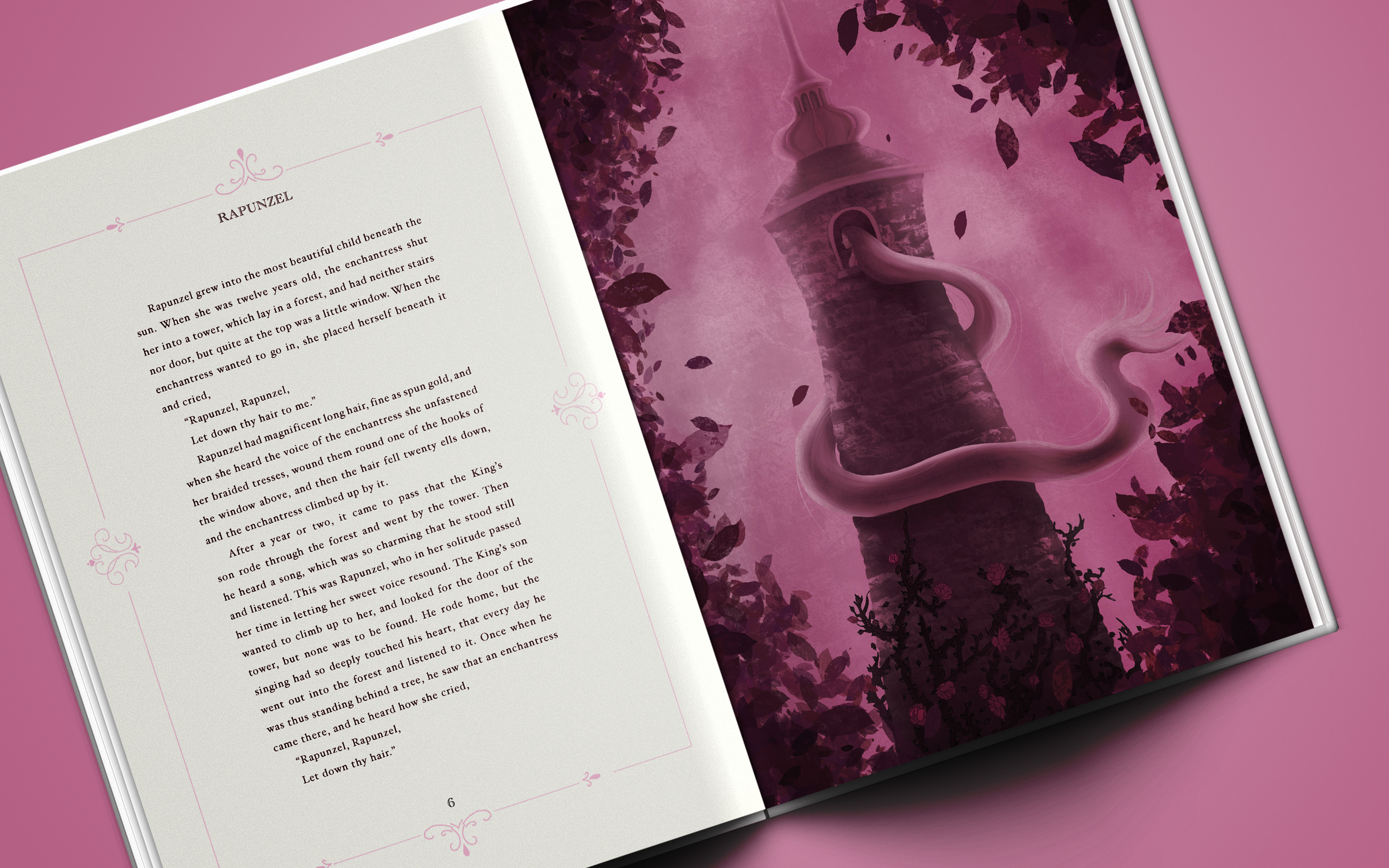Third spread of Rapunzel. Illustration of Rapunzel in tower with hair flowing out.