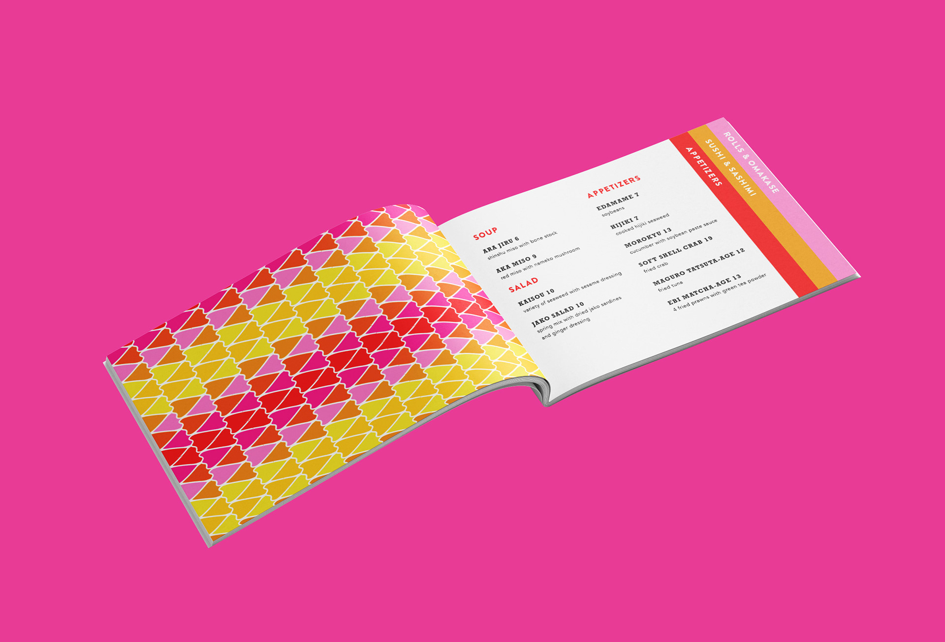 First page of the opened menu. Left page shows a colorful fish-scale like pattern. Right shows soups, salads, and appetizers.