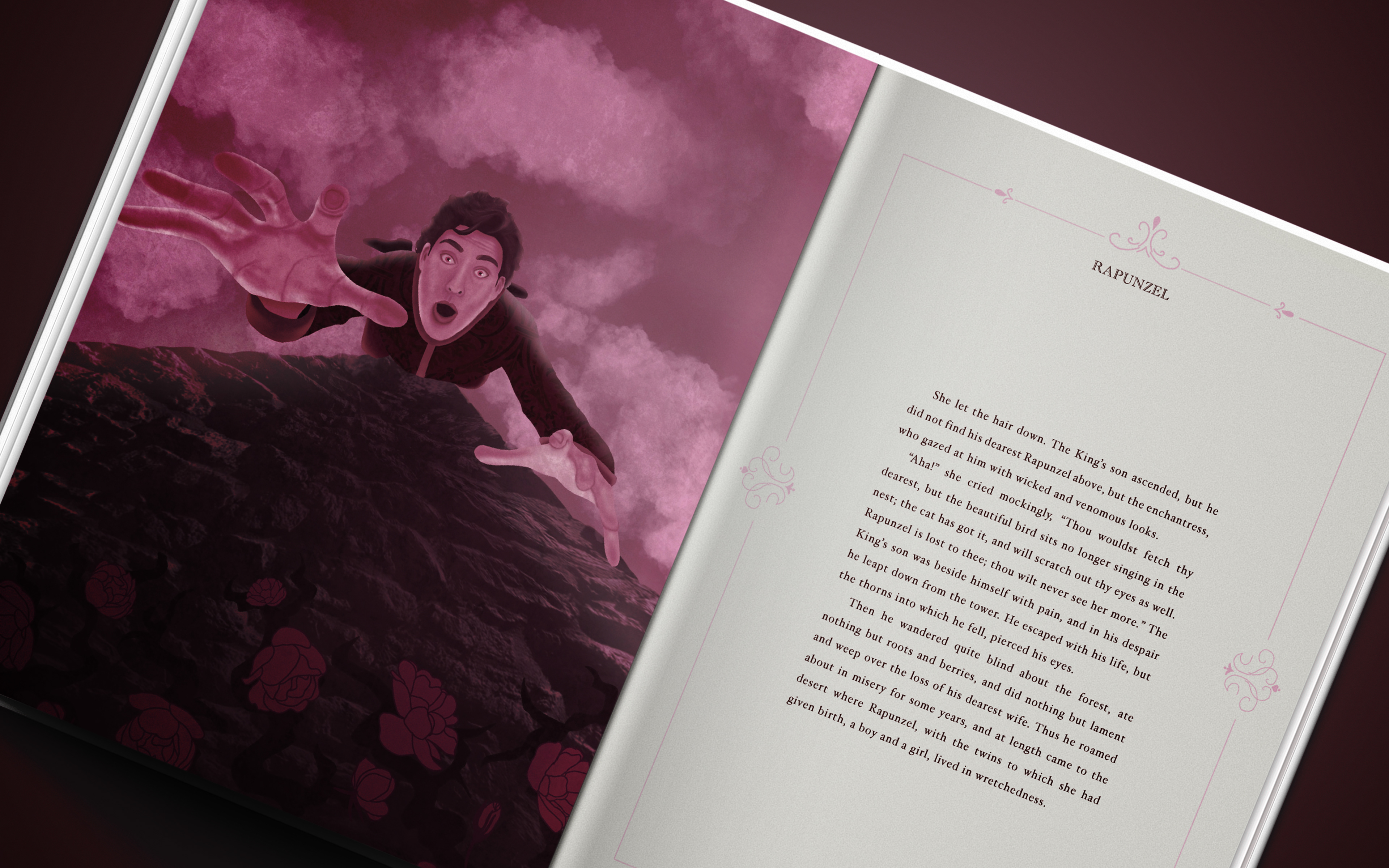 Eighth spread. Illustration of prince falling off tower about to land into rose thorns.