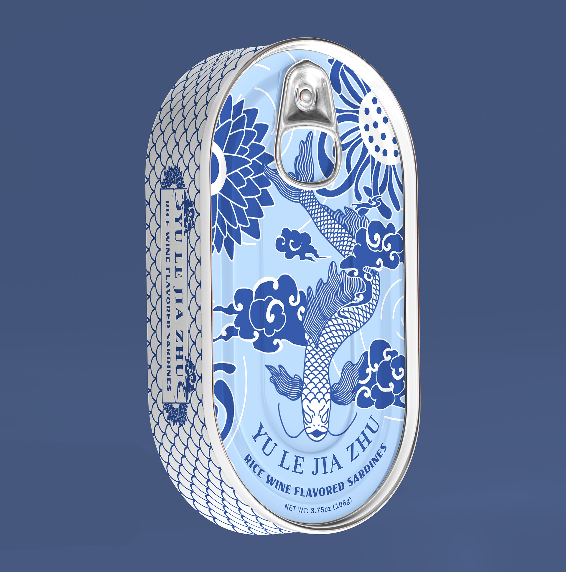 Different angle of illustrated blue and white sardine tin of a dragon fish with clouds, ripples, and flowers.
