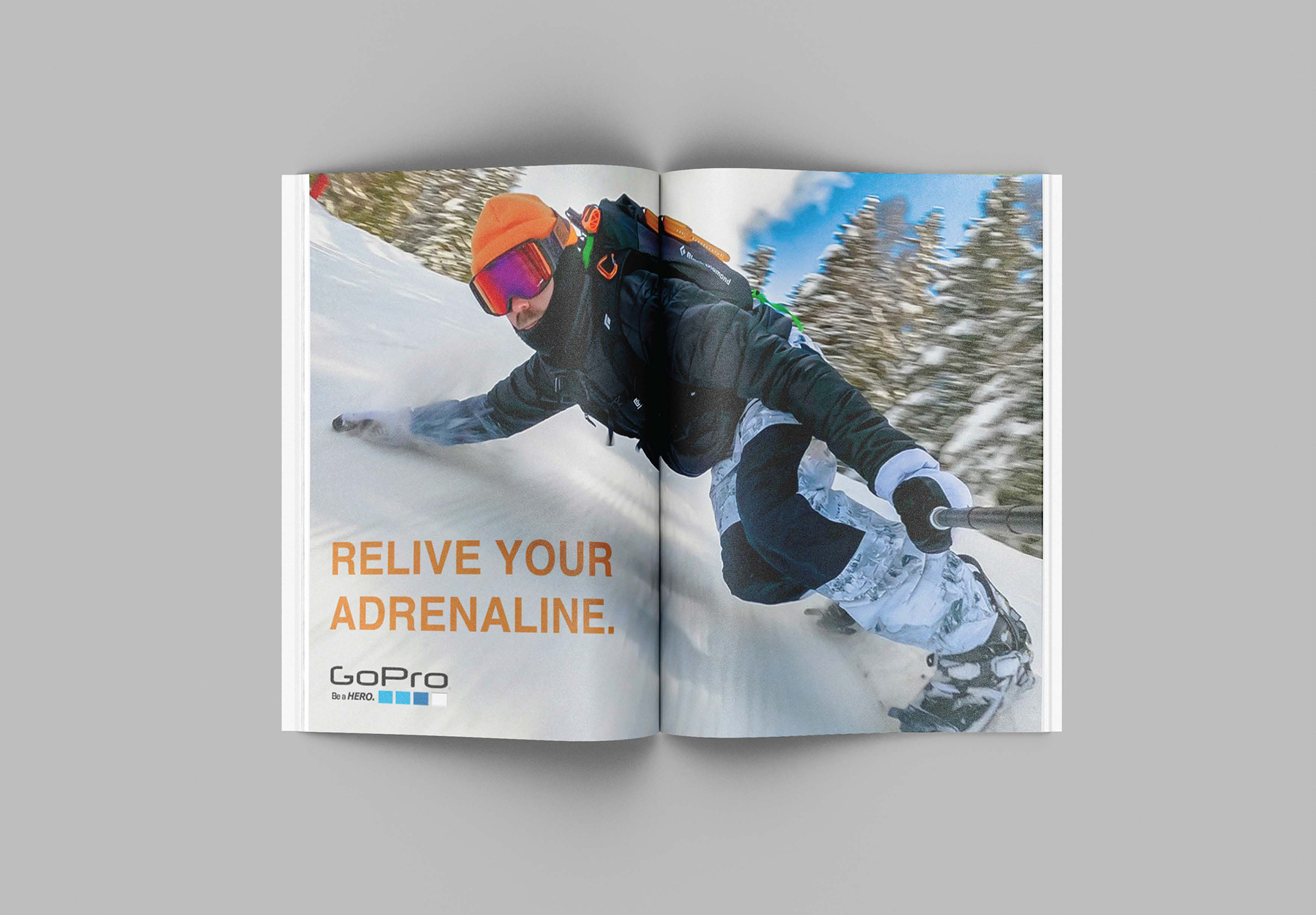 A magazine spread I created to highight the excitement and durability that GoPro offers.
