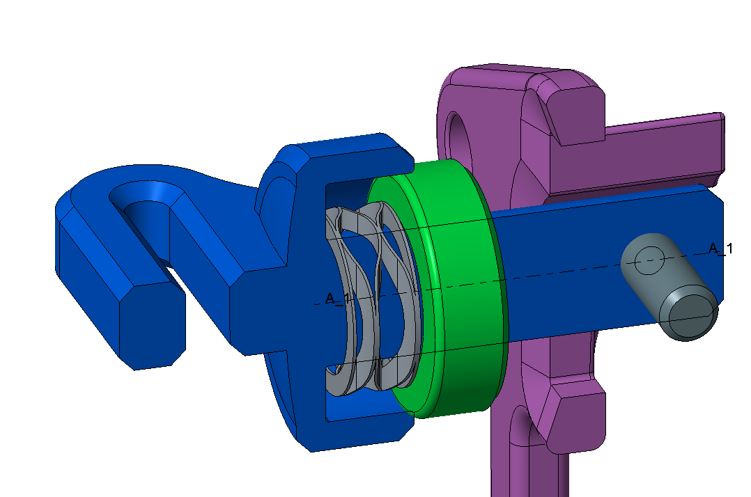 Cross section of system, where the green piece would act as a cap for the spring