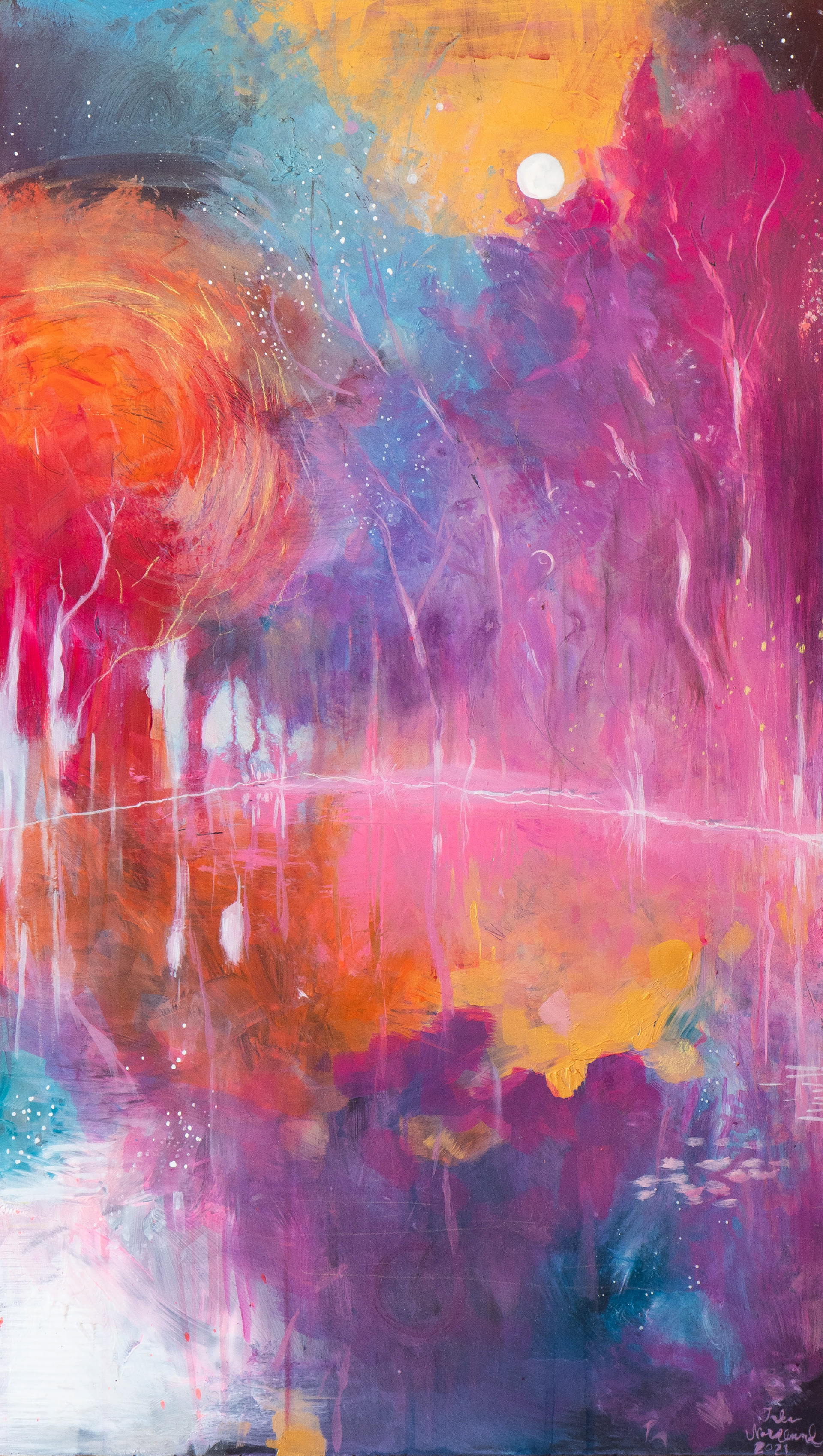 Heijastus joen pinnassa 2019, akryyli pleksille 50x 100 cm