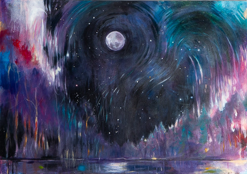Järvellä, kuunvalossa 2024, öljy kankaalle, 71x 101cm