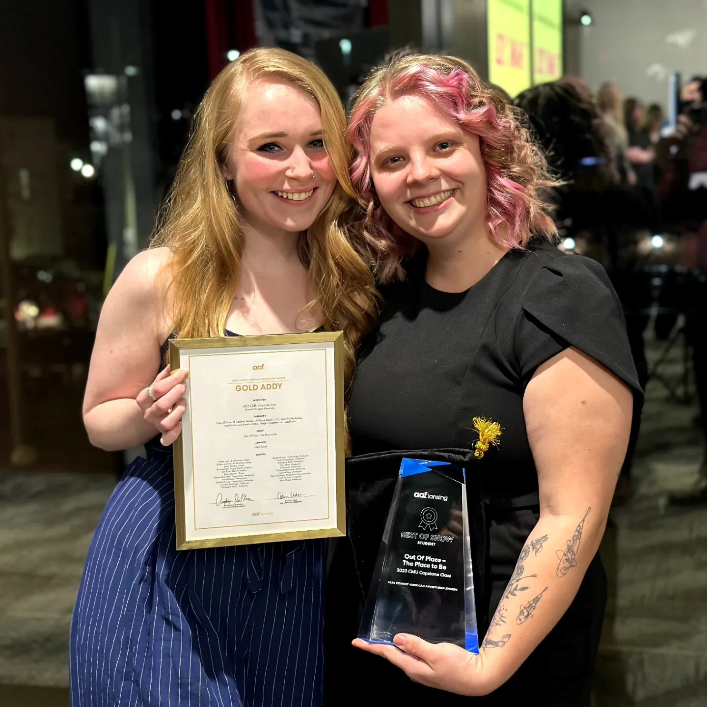 A photo of the night that I, along with my 17 other classmates won a gold Addy, along with the Best of Show student Addy Award.