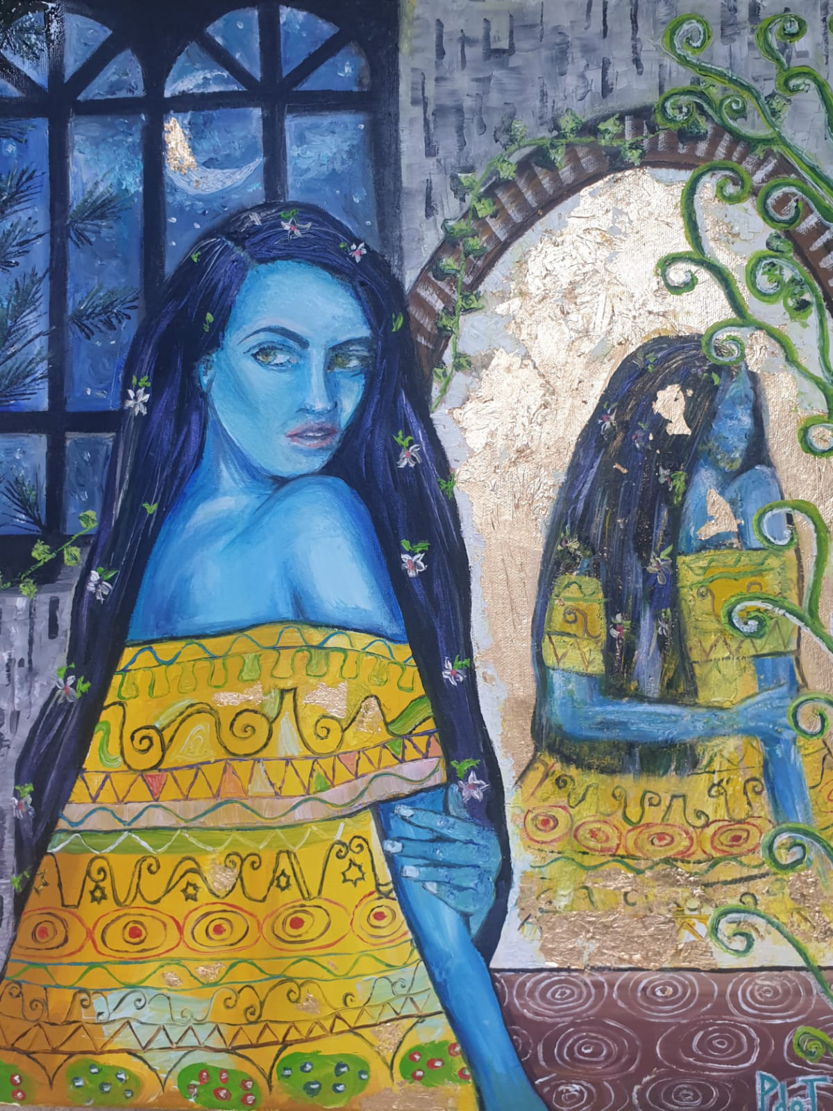 Masks (2020), oil and gold leaf on canvas, 59.4 cm x 42 cm