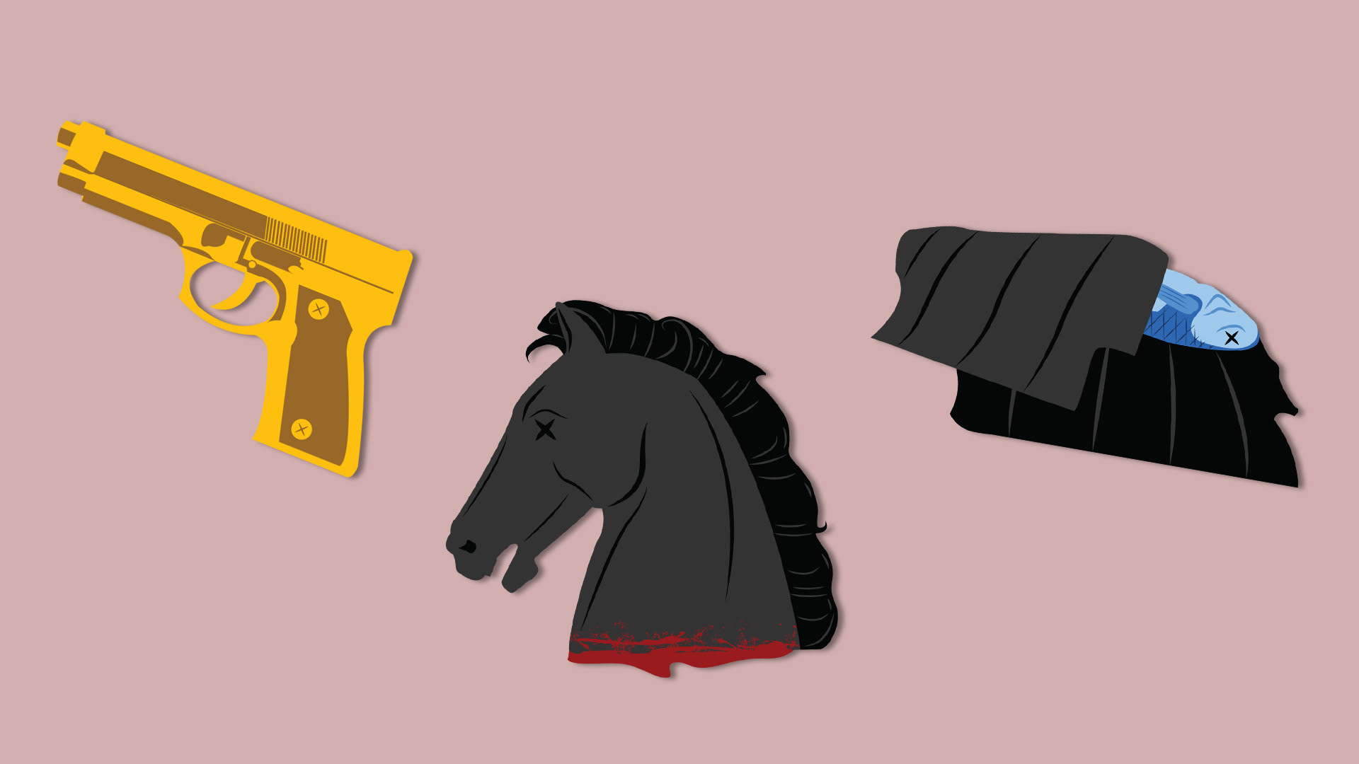 Gun (top left), Horse's Head (middle), Swimming with the Fishes (top right): Stickers