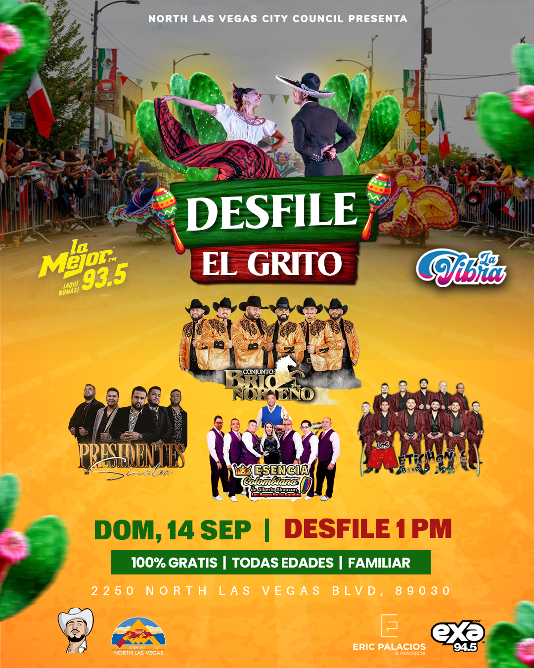 Flyer oficial del Desfile de las Fiestas Patrias en North Las Vegas, presentado por el North Las Vegas City Council. Evento cultural gratuito y 100% familiar el domingo 14 de septiembre a la 1:00 PM. Punto de inicio en North Bruce y Hunkins Drive, a un lado de Sherwin Williams, con punto final detrás de City Hall. Celebración de la comunidad hispana con desfile patrio y concierto gratis de Brío Norteño, Los Presidentes de Sinaloa, Esencia Colombiana y Banda Los Metichones