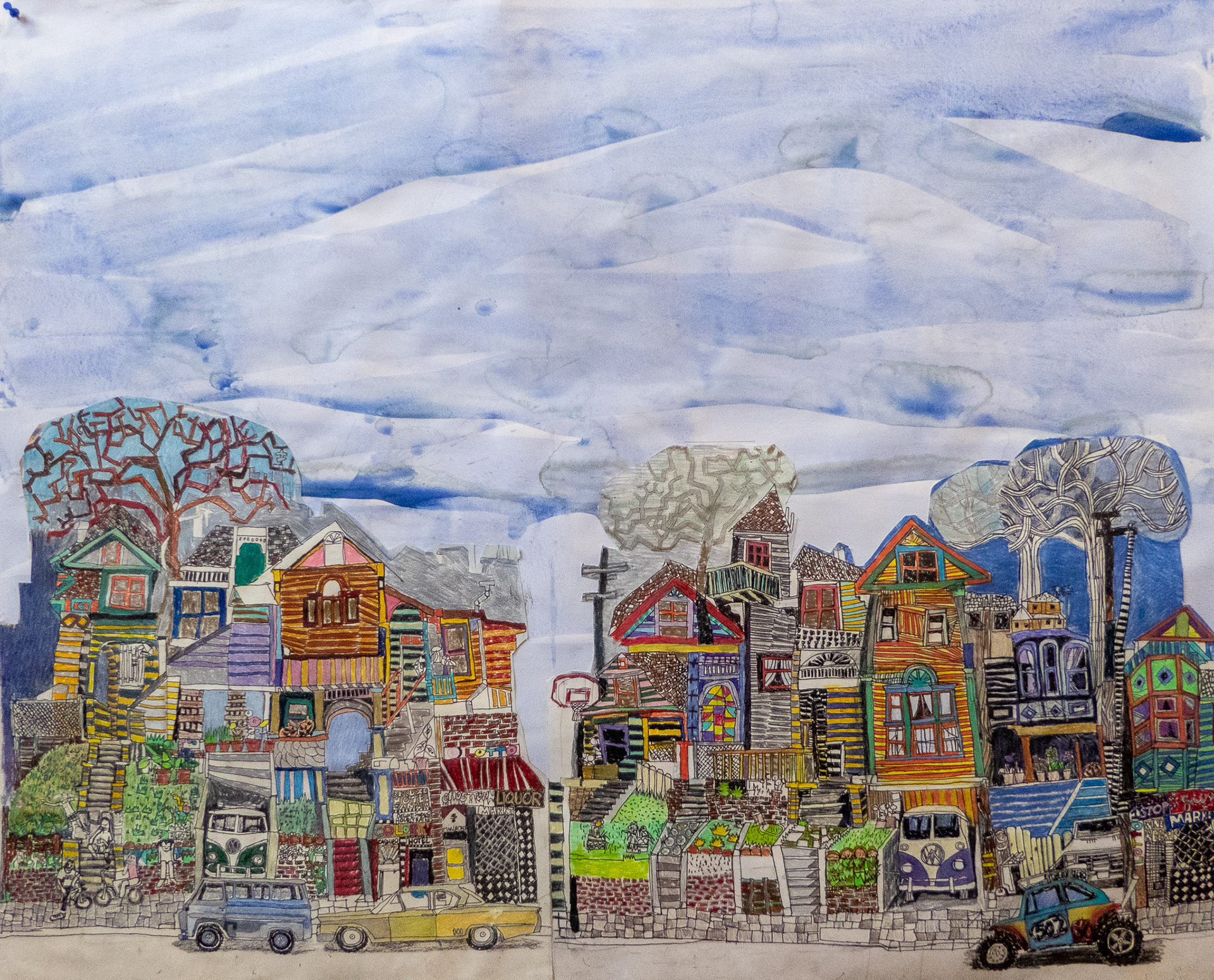 Bluest Sky.  36"x 45"  Ink, Colored Pencil, Watercolor, and Collage.