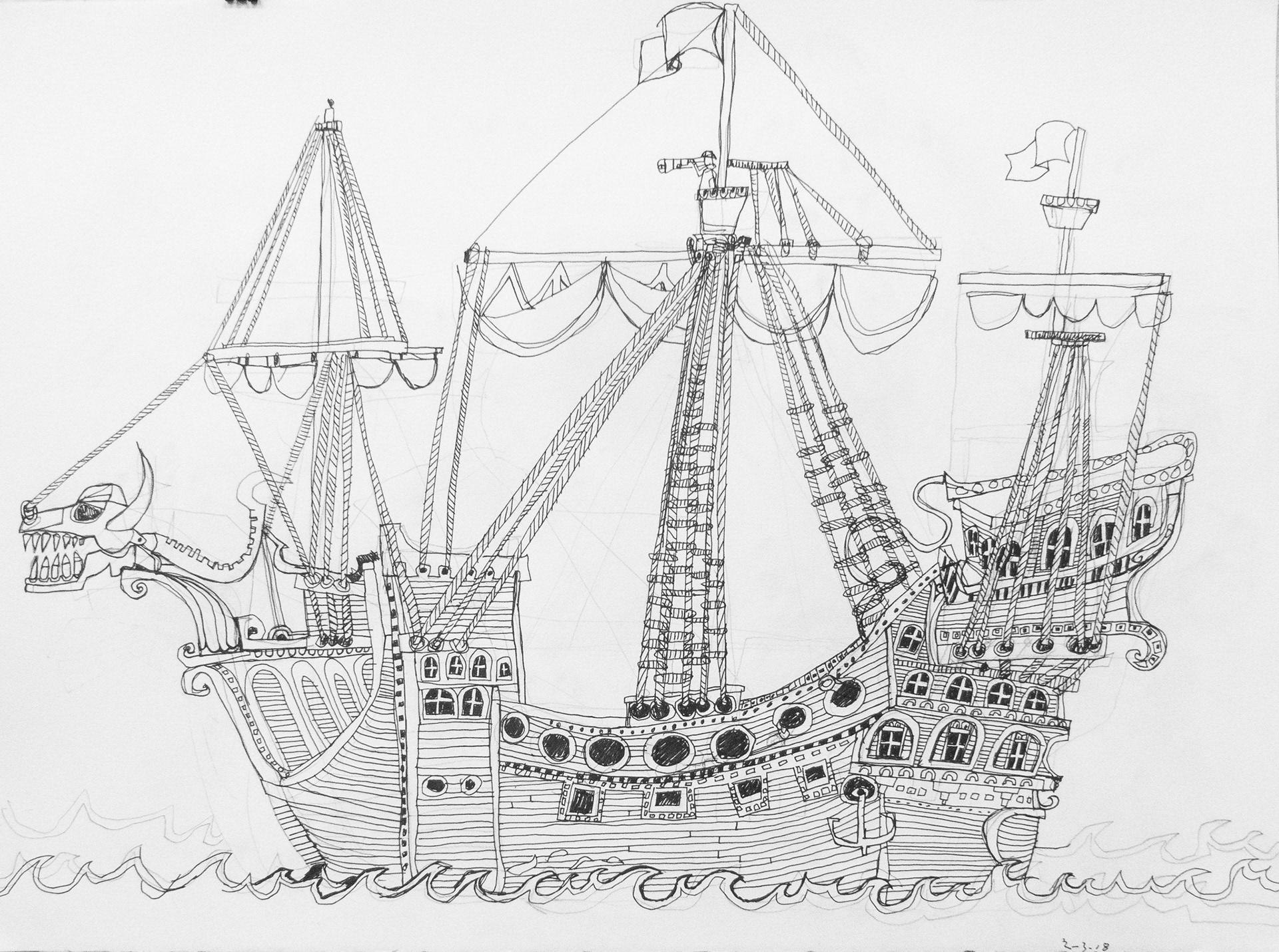 Pirate Ship.  22"x 30"  Ink and Pencil.