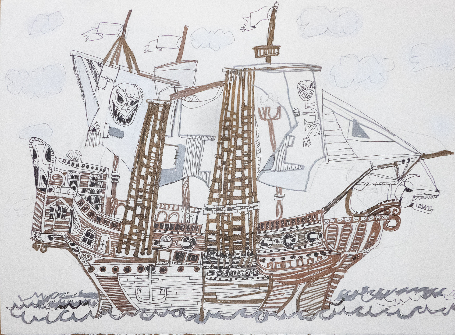 Pirate Ship #2.  22"x 30"  Ink, Pencil, and Marker. 