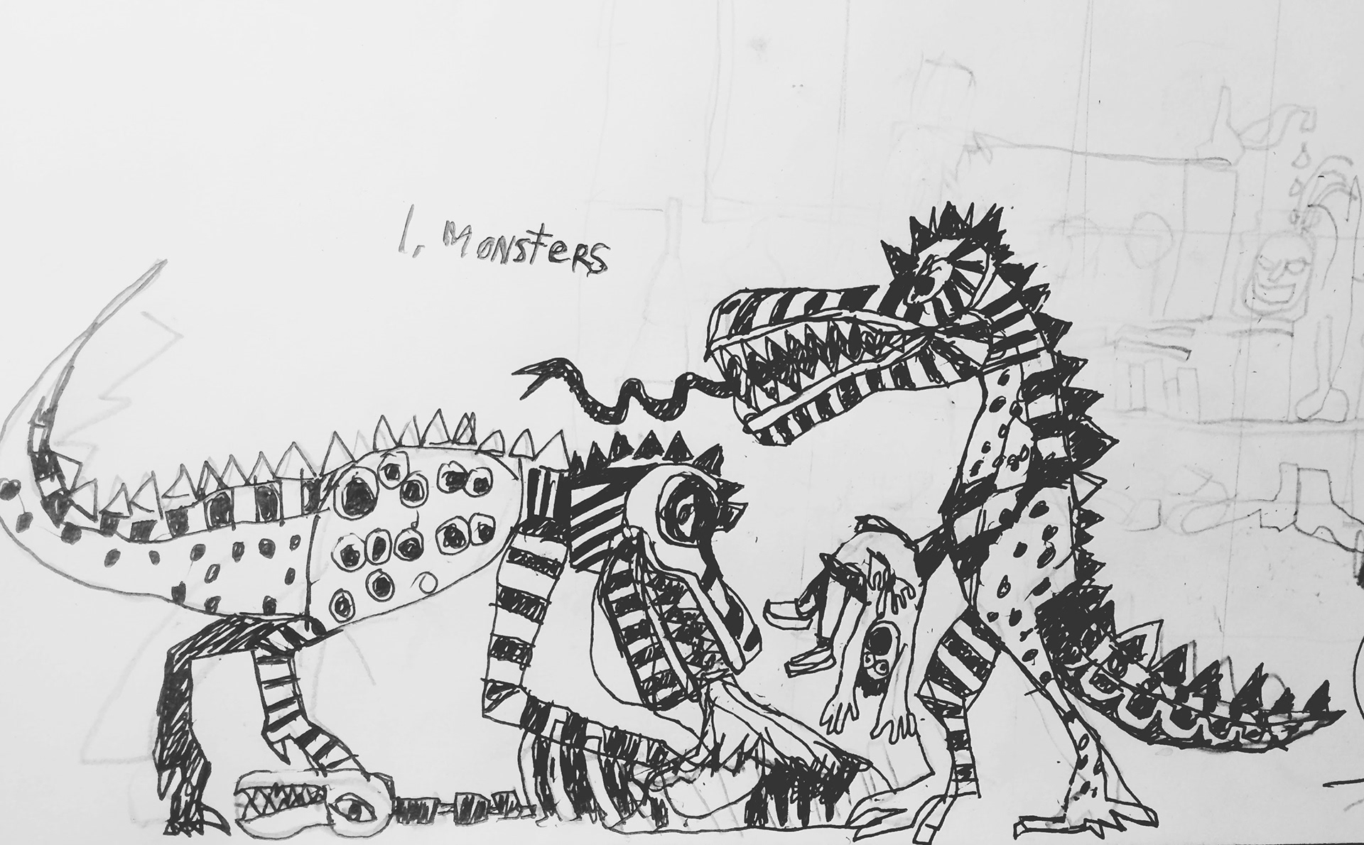 Bad Dinosaurs.  12"x 18"  Ink and Pencil.