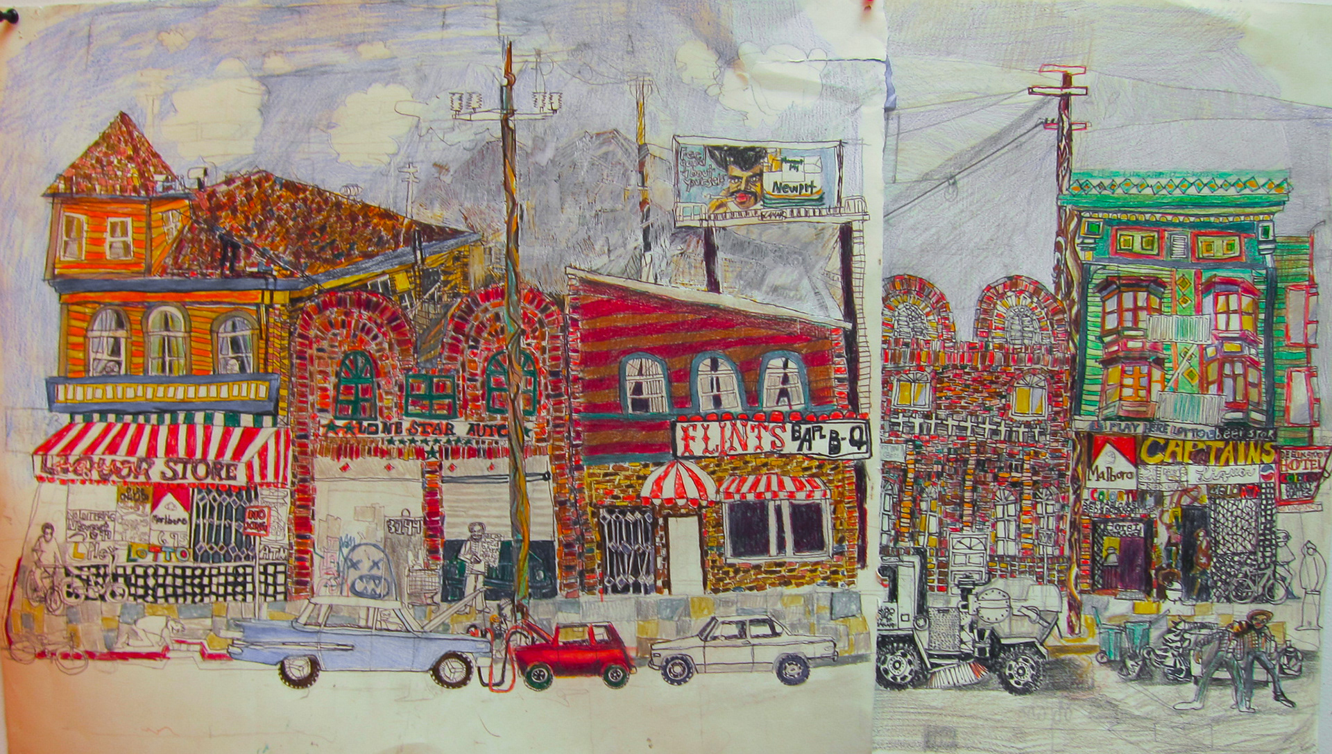 32nd and San Pablo.  22"x 38"  Ink, Colored Pencil, and Collage. 