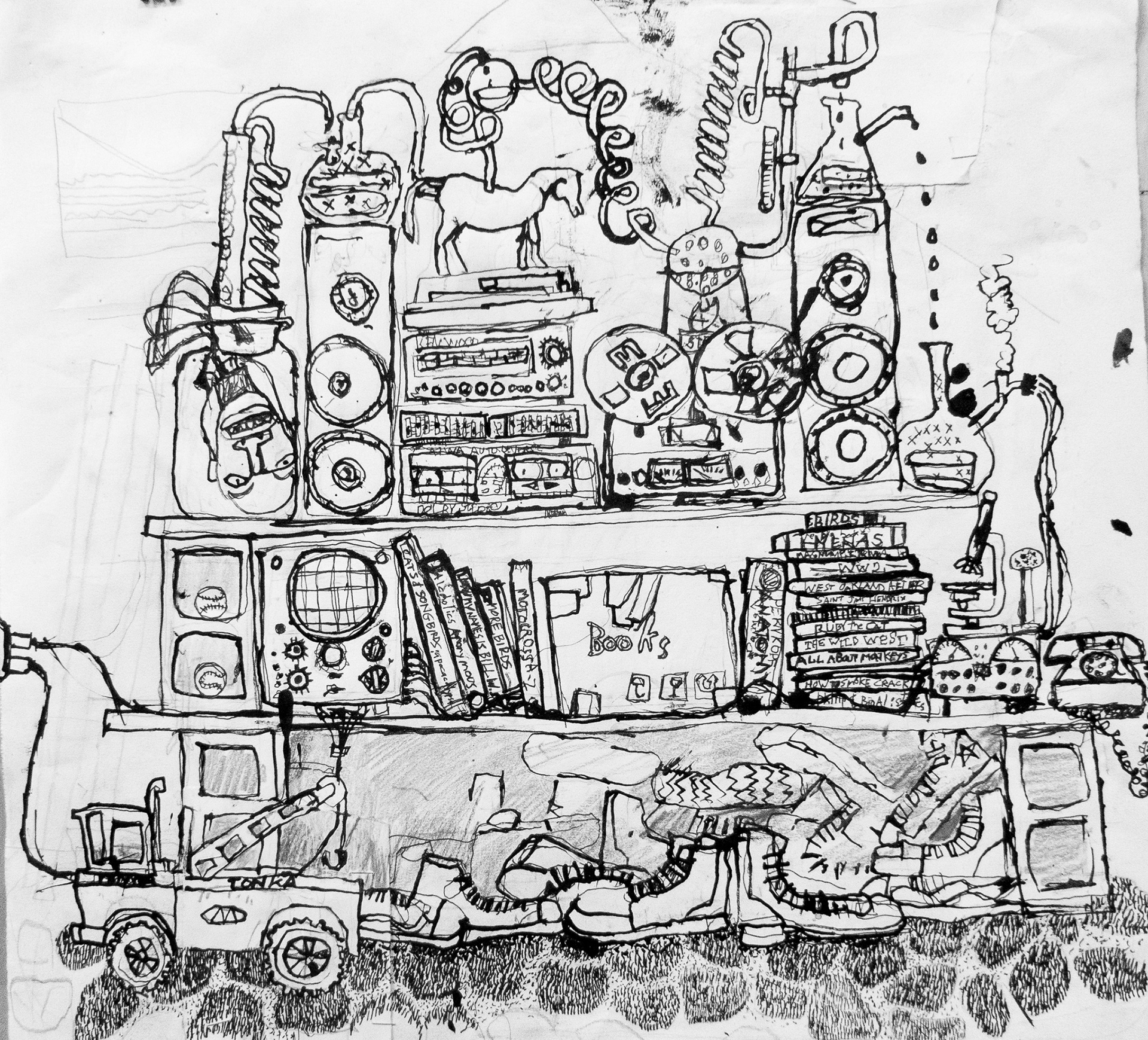 Shelves.  20"x 22"  Ink, Pencil, Collage, and Liquid Paper.