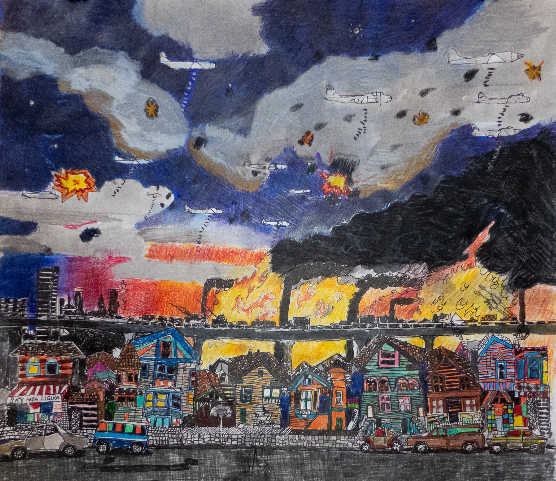 West Oakland Bombing Run.  28"x 34"  Ink, Colored Pencil, and Gouache.  