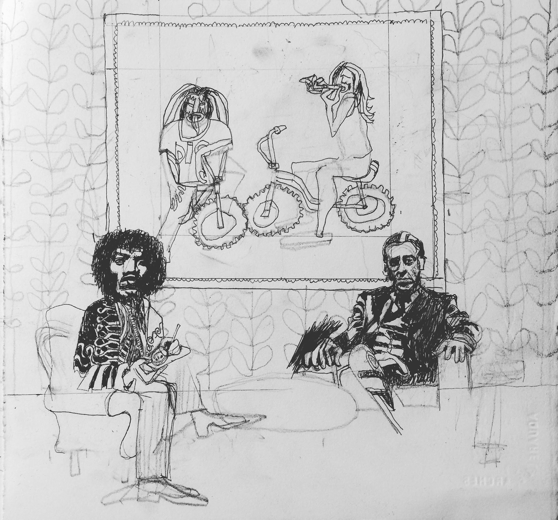 Jimi Hendrix Interviewing Michael Corleone.  12"x12"  Ink and Pencil.