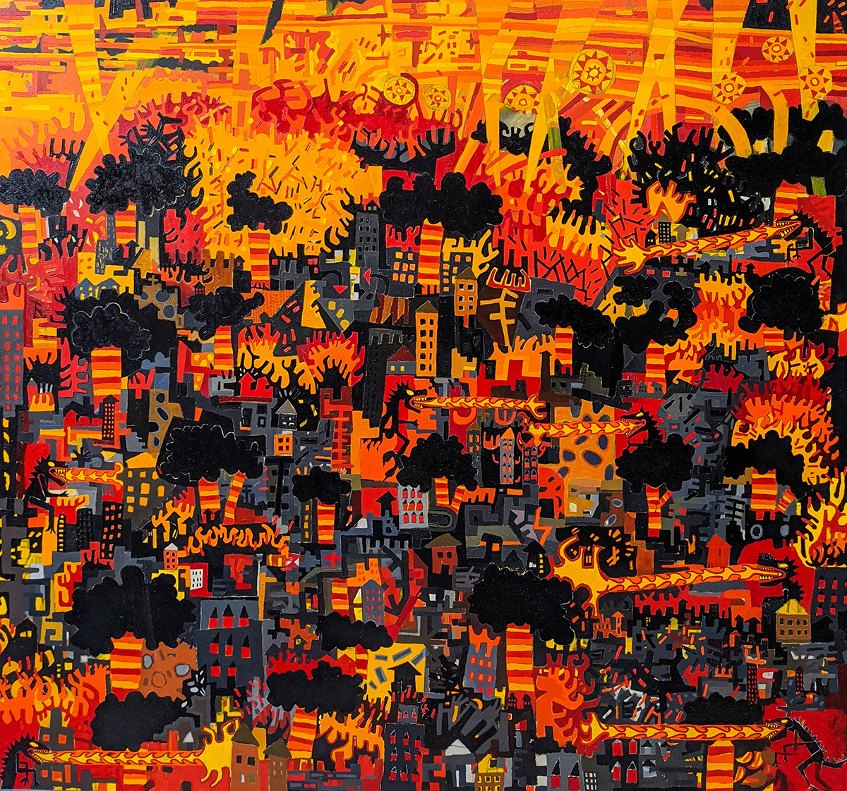 City on Fire. 66"x 72" Oil on Canvas.