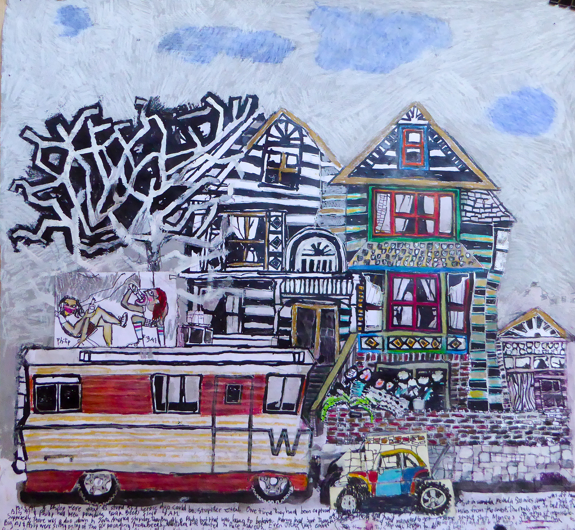 28th and Myrtle.  22"x 24"  Ink, Colored Pencil, Gouache, and Liquid Paper. 