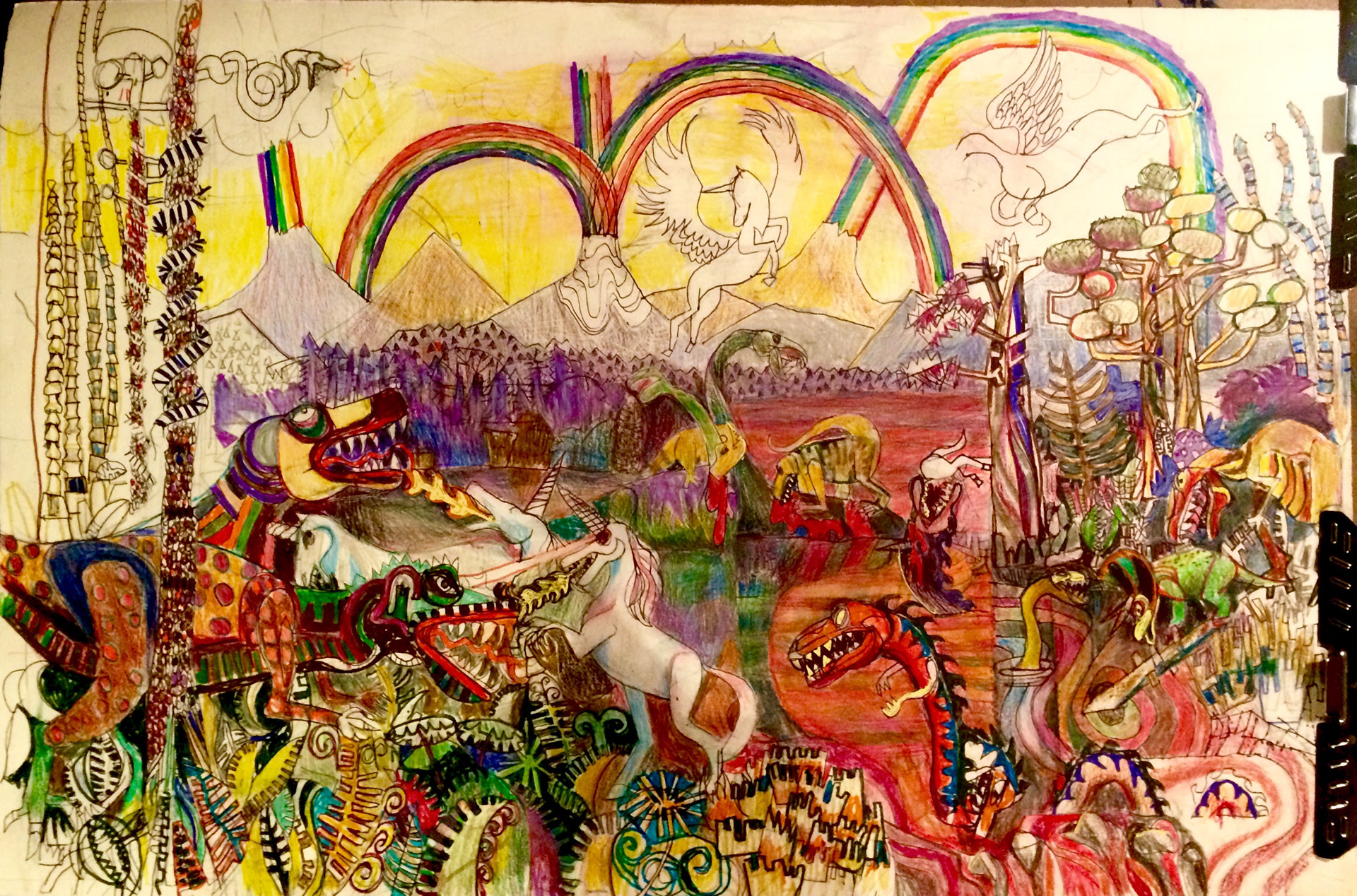 Dinosaur Landscape #14.  18"x 28"  Ink and Colored Pencil. 