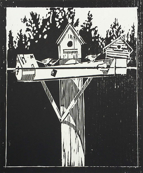 Bird Village - Woodcut - 12 cm x 19 cm - $125