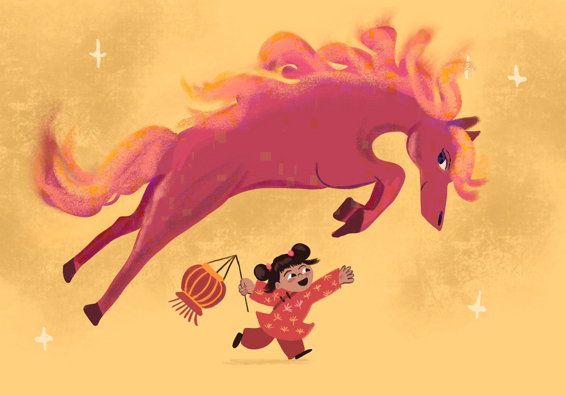 Lunar year, chinese new year image of Fire horse jumping. A little girl celebrating. 