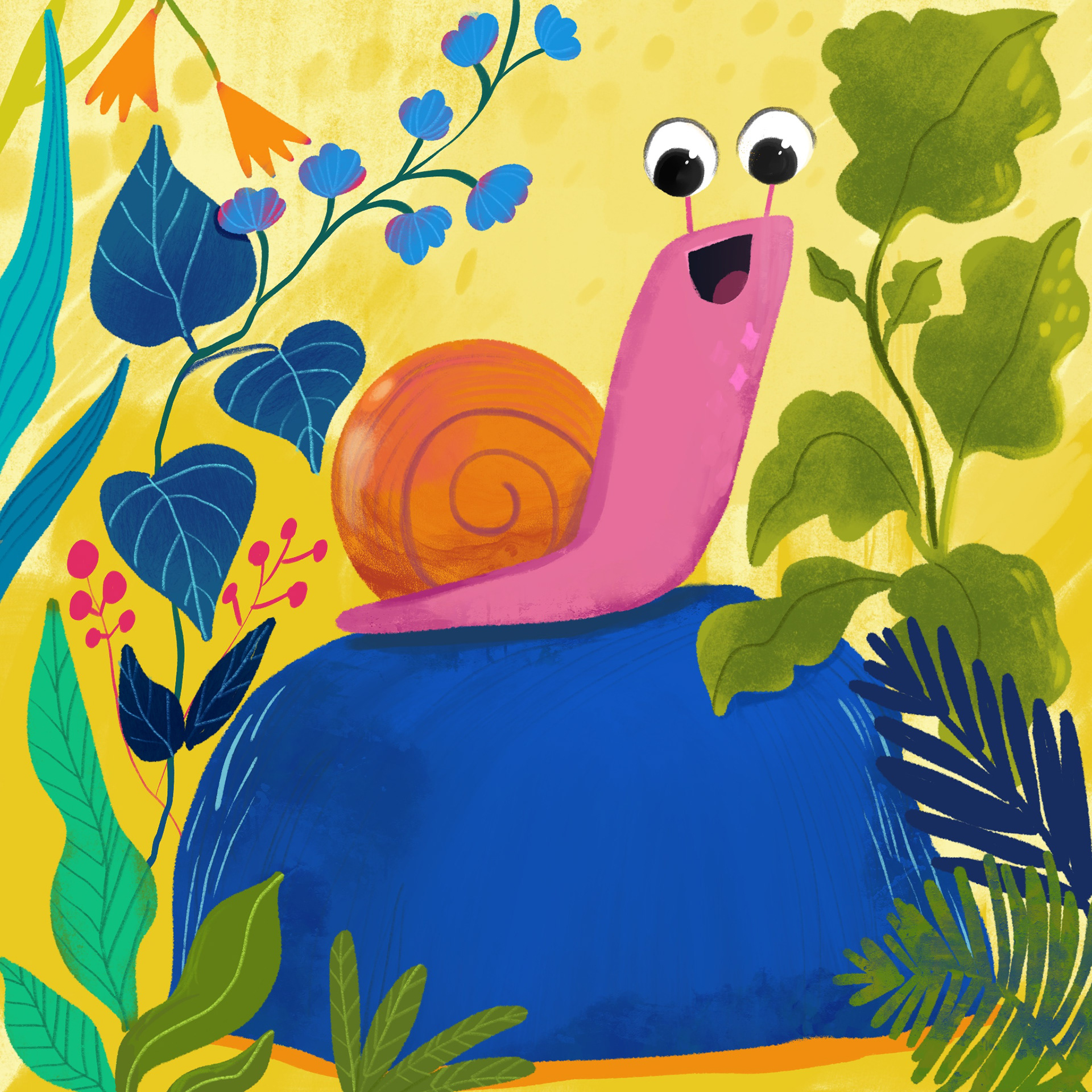Whimsical illustration of a snail. Picture book style