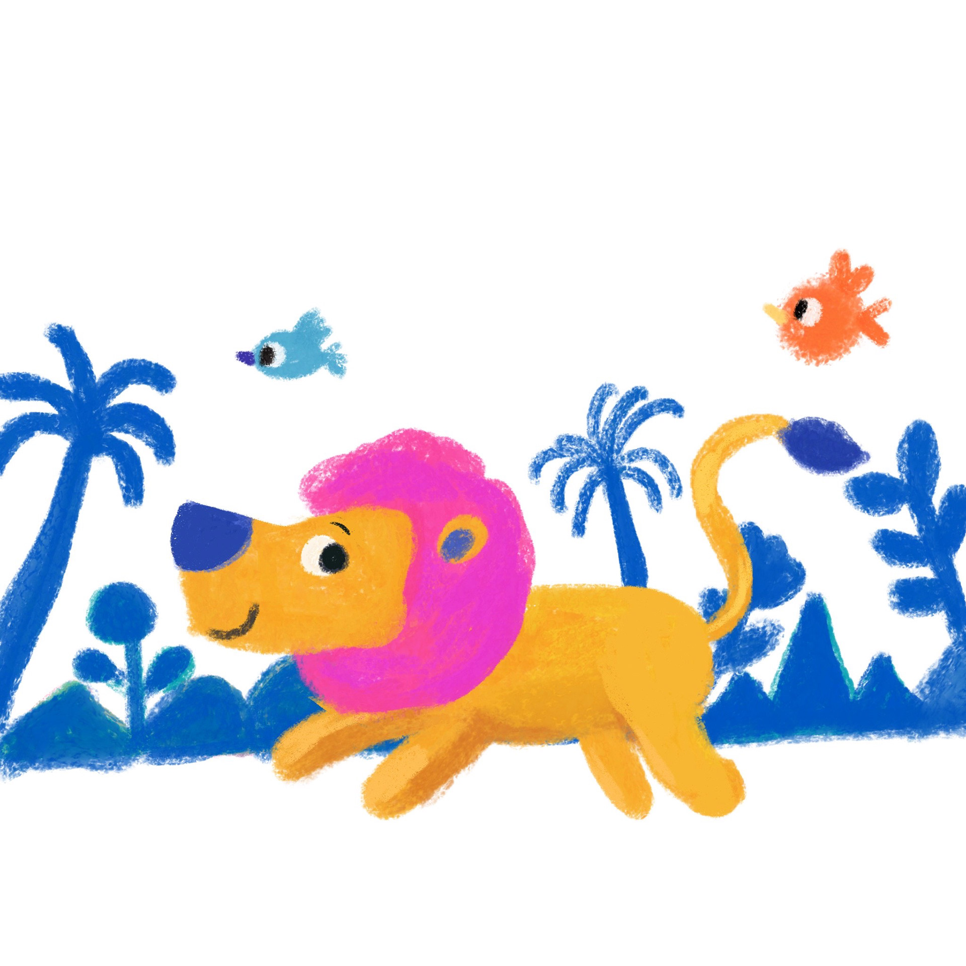Colorful lion in a whimsical garden