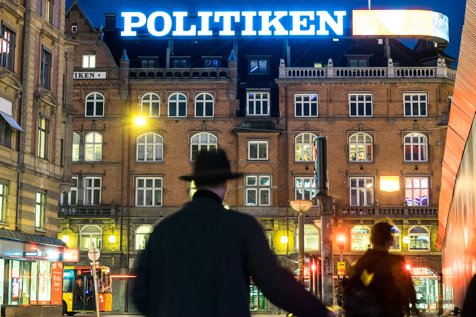Copenhagen Town Hall Square at night, with Politikens Hus, Danish news media conglomerate, seen from the town hall square