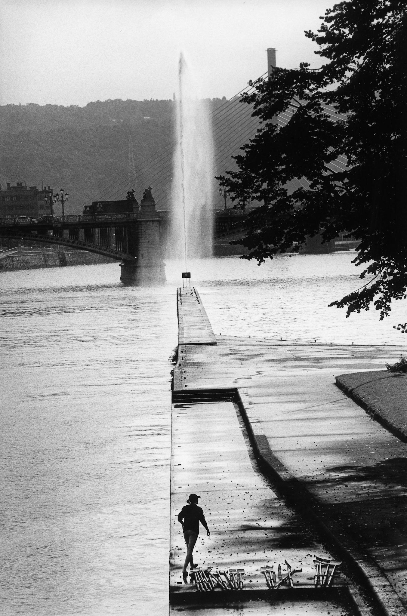 Kade en fontein op het zuidelijkste puntje van het eiland Outres Meuse.  Luik, sept. 2002