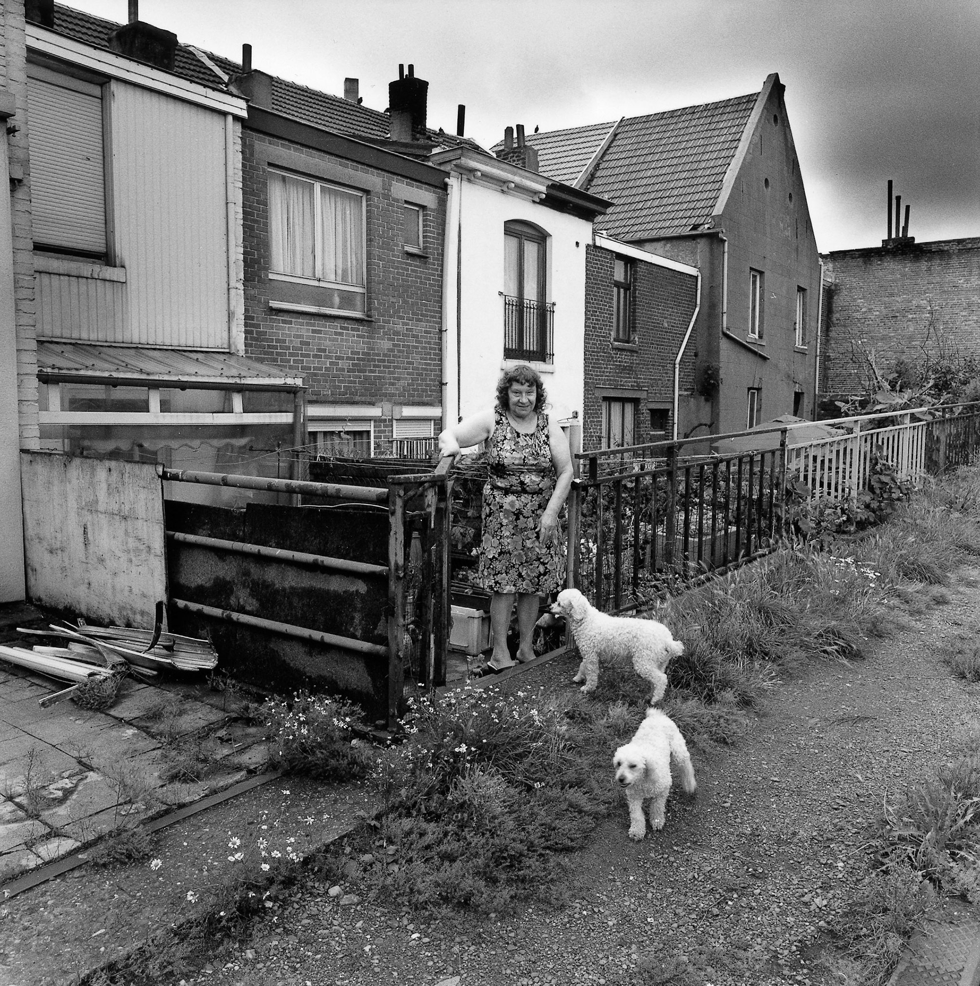 Vrouw met poedels voor haar huis in Herstal, Aug. 2002
"Onder industrieele vleugels"
Maassteden in Wallonie.